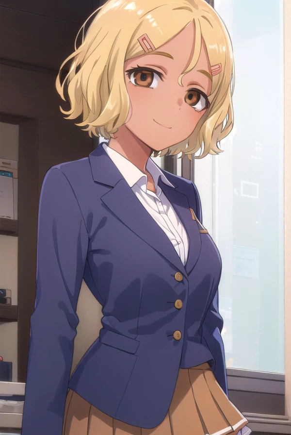 ijiranaidesakura, <lora:ijiranaide sakura s1s2-lora-nochekaiser:1>,
sakura, short hair, blonde hair, hair ornament, (brown eyes:1.5), hairclip, dark skin, dark-skinned female, smile,
BREAK skirt, school uniform, pleated skirt, shoes, socks, loafers, gyaru, loose socks, kogal,
BREAK indoors, classroom,
BREAK looking at viewer, (cowboy shot:1.5),
BREAK <lyco:GoodHands-beta2:1>, (masterpiece:1.2), best quality, high resolution, unity 8k wallpaper, (illustration:0.8), (beautiful detailed eyes:1.6), extremely detailed face, perfect lighting, extremely detailed CG, (perfect hands, perfect anatomy),