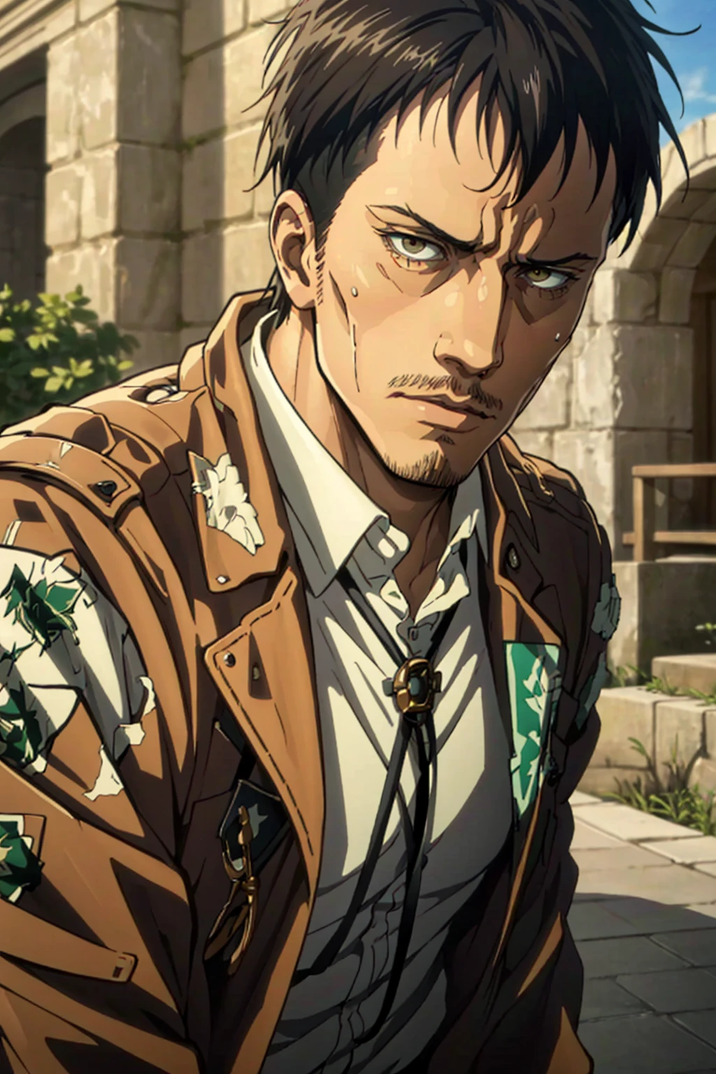 (1 image only),  solo male,  1boy,  Nile Dok,  Attack on Titan,  lean,  facial hair,  light mustache,  light goatee,  dark brown eyes,  black hair,  short hair,  paradis military uniform,  bolo tie,  handsome,  mature,  charming,  alluring,  upper body in frame,  perfect anatomy,  perfect proportions,  8k,  HQ,  (best quality:1.2,  hyperrealistic:1.2,  photorealistic:1.2,  masterpiece:1.3,  madly detailed photo:1.2),  (hyper-realistic lifelike texture:1.2,  realistic eyes:1.2),  high_resolution,  perfect eye pupil,  dutch angle,<lora:EMS-498-EMS:0.200000>,<lora:EMS-288708-EMS:0.700000>