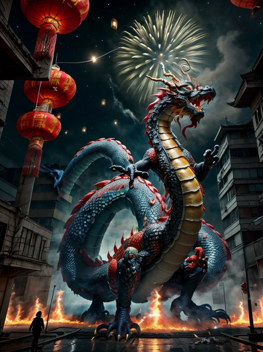 <lora:quiron_lunarNewYear2024_v1_lora:0.87> lunarNewYear2024quiron,festival party, lights, fireworks,  chinese festival, crowded, new year celebration , 
claws, dragon, east asian architecture,  fine art parody, lunar new year 2024 quiron, lunarnewyear2024quiron, open mouth, paper lantern, realistic, sharp teeth, tail, 
eastern dragon, scales, crocodile nose, red (Chinese lanterns )in background, fog,  fireworks and fog  far background, fire, lighting, glowing dragon scales,   intricate detailed, empty broken playground, socrealist style, brutalist postsoviet wasteland, regular building, impossible architecture, purple sky with lots of stars, masterpiece, depressing surrealism, total sun eclipse, 4k, Molchat Doma album cover style, abbandoned streets, only one building, surrounded by nuclear waste,,