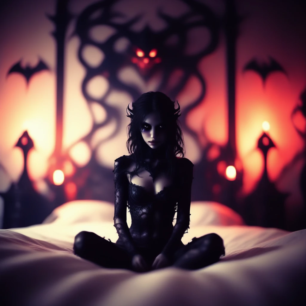 wyrmterro girl sitting on the bed in demonic bedroom, darkness<lora:wyrmterro:1>