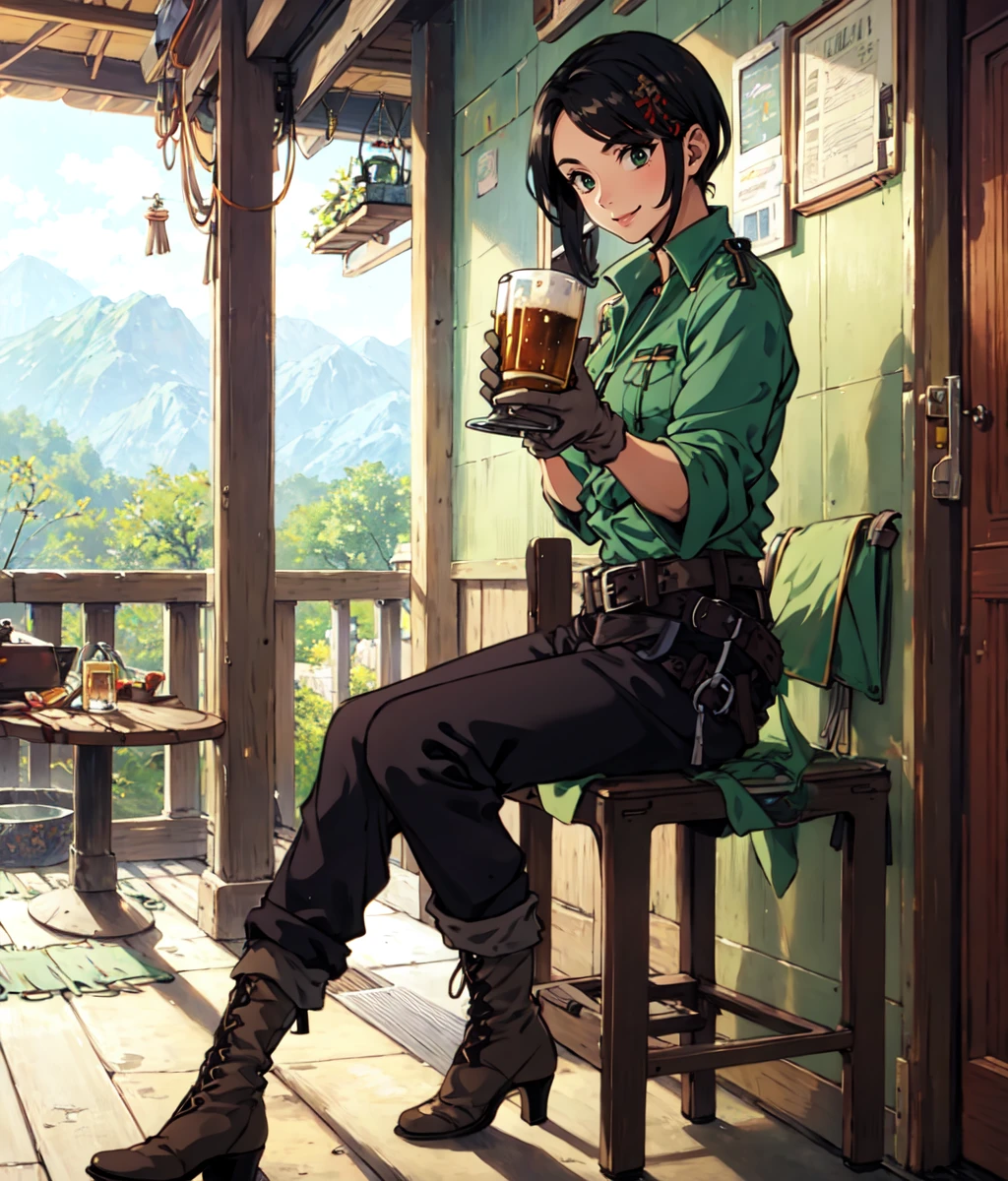 masterpiece, anime screencap, 1girl, solo, mature woman, short hair, feather ornament, black hair, green shirt, black pants, gloves, boots, sitting, smile, drinking, beer, indoors, tavern, full body, cowboy shot  <lora:Queen:1>