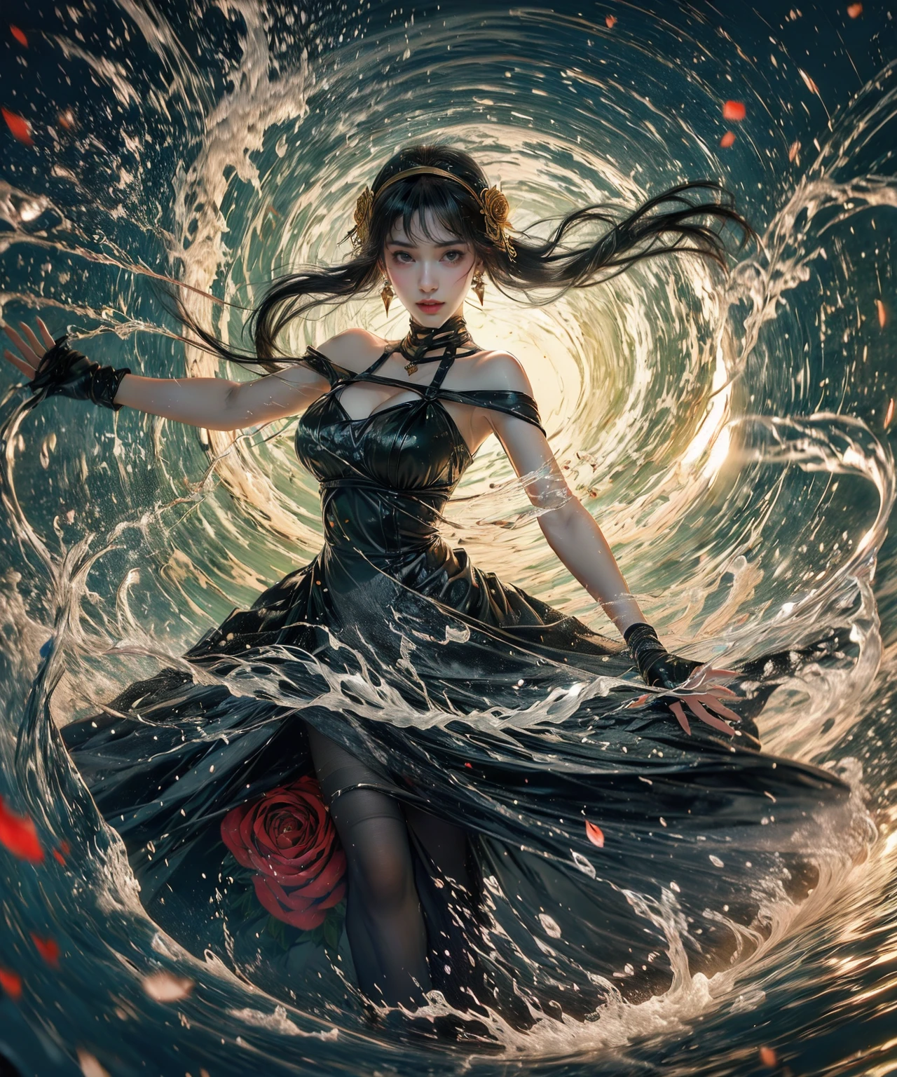 yor briar,black pantyhose,book,bookshelf,breasts,cleavage,coffee,coffee mug,cup,pantyhose,plant,window,water,splashing,1girl,bare shoulders,black dress,black gloves,black hair,blood,blood on face,blood on weapon,breasts,closed mouth,cowboy shot,dress,earrings,expressionless,fingerless gloves,floating hair,floral print,flower,gloves,gold earrings,gold hairband,hair flower,hair ornament,hairband,holding,holding weapon,jewelry,large breasts,light particles,long hair,looking at viewer,off-shoulder dress,off shoulder,petals,red eyes,rose,rose petals,rose print,short hair with long locks,sidelocks,solo,spikes,thighs,two-sided dress,two-sided fabric,
Best quality,masterpiece,ultra high res,haifeisi,<lora:yorBriarSpyFamily_lykonV1:0.8>,<lora:æµ·é£ä¸v4.1:0.7>, delicate, elegant, pretty, breathtaking, dramatic light, sharp focus, directed, extremely detailed, magic, glowing, rich deep colors, true radiant, romantic, new, shiny, intricate, dynamic color, illuminated
