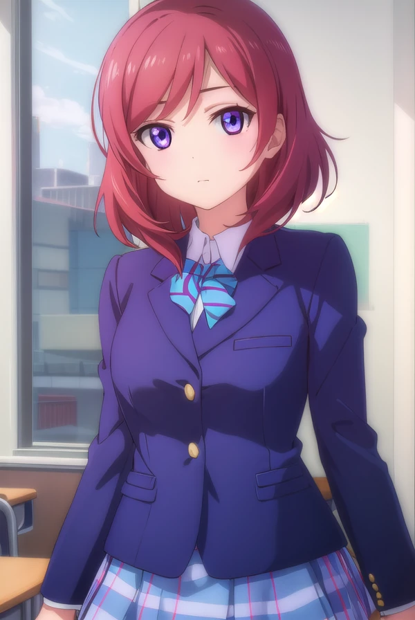 makinishikino, <lora:maki nishikino s1-lora-nochekaiser:1>,
maki nishikino, short hair, (purple eyes:1.1), red hair,
BREAK skirt, school uniform, jacket, blazer, winter uniform, otonokizaka school uniform,
BREAK indoors, classroom,
BREAK looking at viewer, (cowboy shot:1.5),
BREAK <lyco:GoodHands-beta2:1>, (masterpiece:1.2), best quality, high resolution, unity 8k wallpaper, (illustration:0.8), (beautiful detailed eyes:1.6), extremely detailed face, perfect lighting, extremely detailed CG, (perfect hands, perfect anatomy),