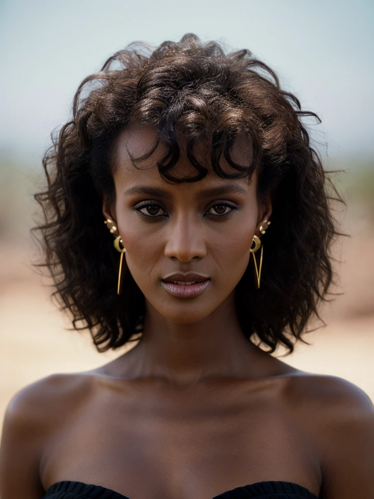 Realistic photo of a beautiful 1m4n woman,1girl,solo,black hair,brown eyes,jewelry,upper body,earrings,dark skin,dark-skinned female,realistic,curly hair, soft lighting, professional Photography, Photorealistic, detailed, RAW, analog, sharp focus, 8k, HD, high quality, masterpiece<lora:1m4n:1.0>