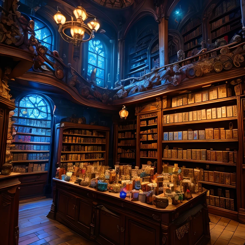 (masterpiece:1.2), (best quality,:1.2), 8k, HDR, ultra detailed, ((photorealistic)), perfect anatomy, professional light, cinematic lighting, fashion photography, ambient lighting,<lora:detail_slider_v4:3>, a sinister fantasy book shop, counter, FantInt, ((perfect hands)), <lora:FantasyInteriors-10:0.8>, epiCPhoto