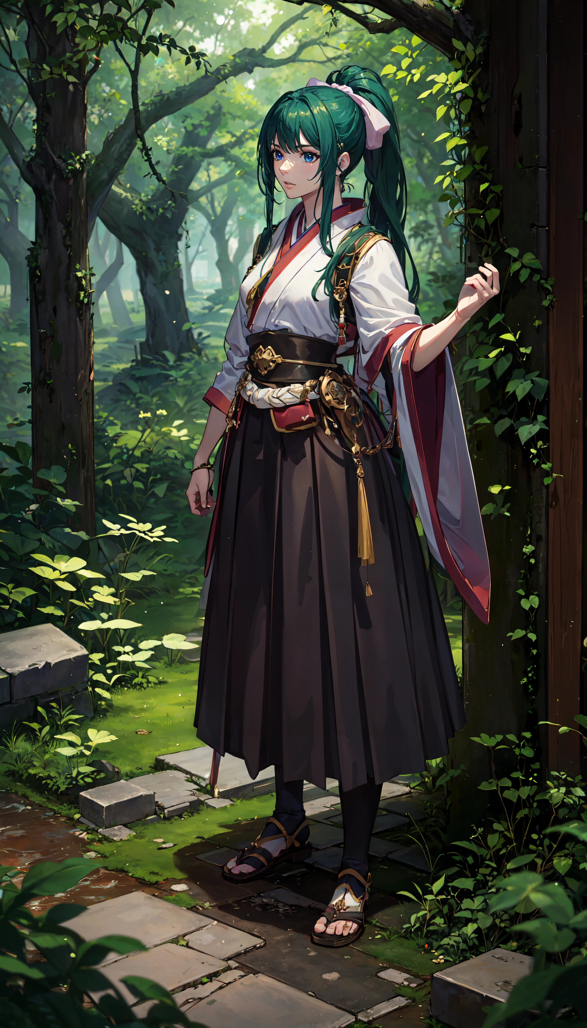 photorealistic, (4k), depth of field, (Masterpiece), (realistic skin texture), extremely detailed, intricate, hyper detailed, professional photography, bokeh, high resolution, sharp detail, best quality, girl, green hair, long hair, ponytail, hair bow, blue eyes, japanese clothes, hakama skirt, <lora:GoodHands-beta2:1> , <lora:detail_slider_v4:0.8> , dynamic pose, (dynamic pose), <lora:Yomogi Emarl-000004:0.7> , BREAK
forest, exploration, thick vegetation, vines, (ancient ruins:1.5), moss covered stones,