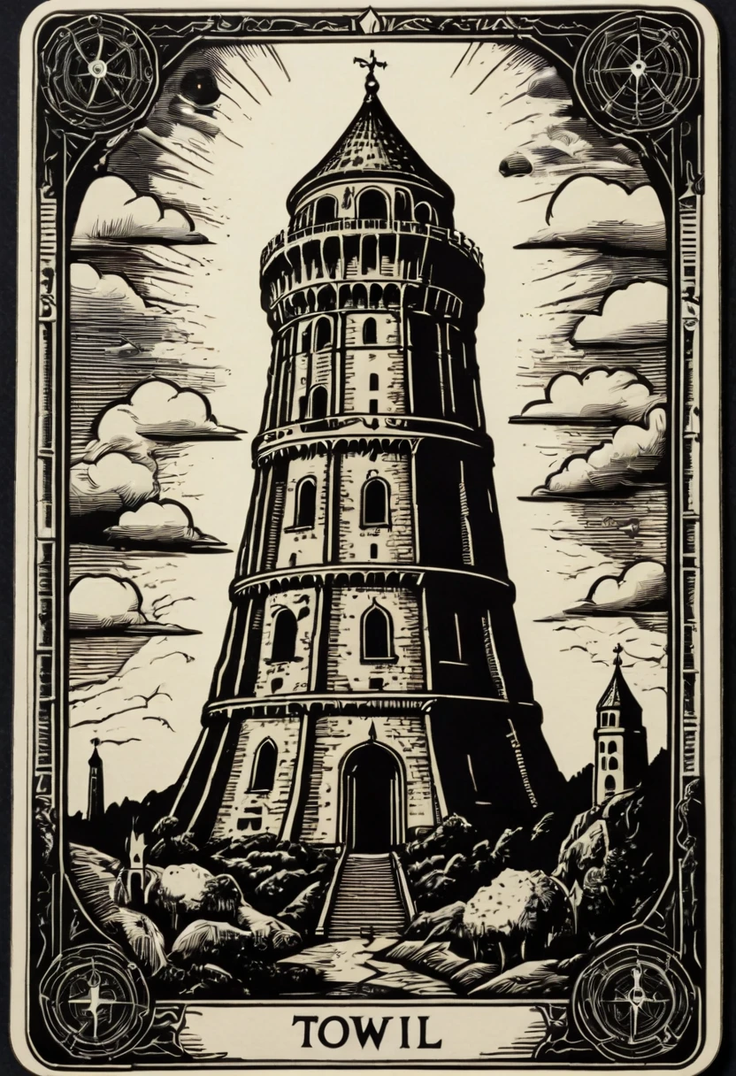 tarot_card, tower, front perspective, flat, frame,( square:1.1), (white outline:1.2)  <lora:tarot_card:1>