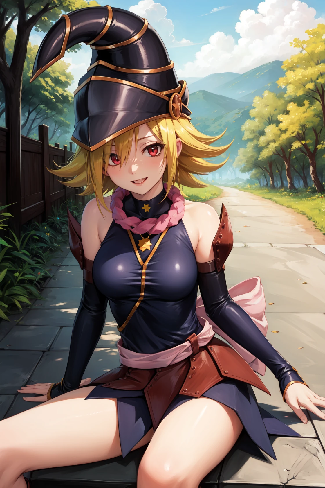 masterpiece, best quality, highres,
GagaDef, 1girl, solo, short hair, blonde hair, red eyes, hair over one eye,
breasts, large breasts, hat, bare shoulders, medium breasts, boots, detached sleeves, choker, blue footwear, duel monster, charm (object), wizard hat, skirt, gagaga girl,
sitting, cowboy shot, leaning back, arm support, looking at viewer, forest, sunlight, cloudy, laughing, <lora:Gagaga:1>