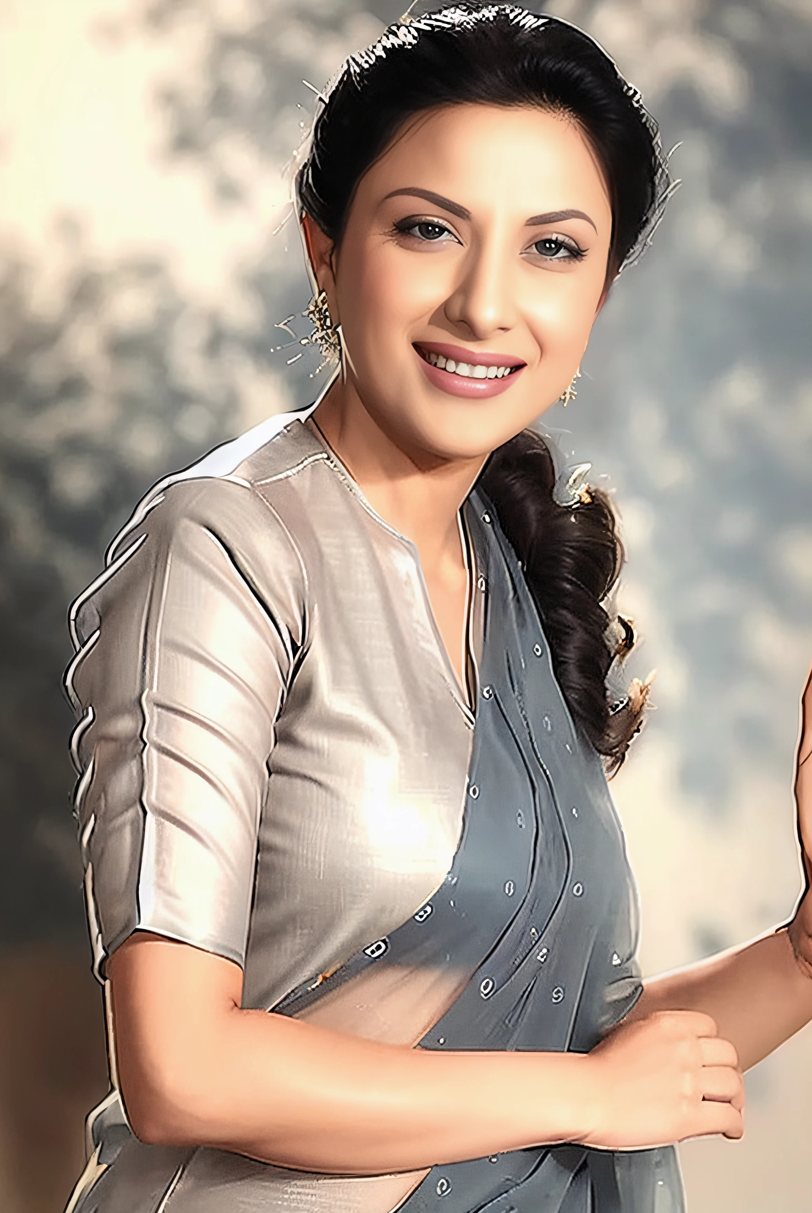 photo of nrgs, woman conservatively dressed woman wearing Grey sari and blouse,  dynamic pose, looking at camera, laughing, accurate anatomy, simple background <lora:nrgs_Nargis_Dutt_SD15_LoRA_prodigy_local_regs:1>