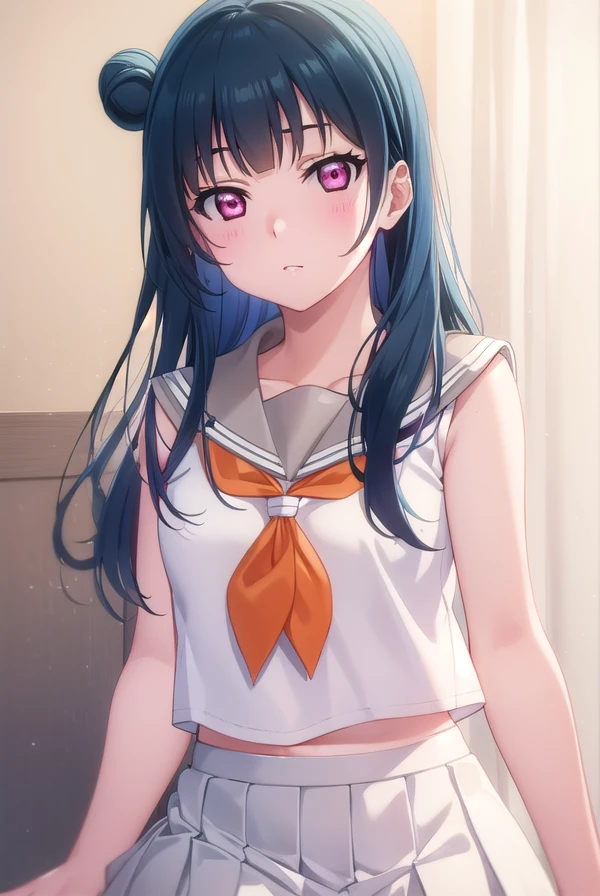 yoshikotsushima, <lora:yoshiko tsushima s2-lora-nochekaiser:1>,
yoshiko tsushima, long hair, bangs, blue hair, (pink eyes:1.3), hair bun, single hair bun, single side bun,
BREAK shirt, school uniform, white shirt, serafuku, neckerchief, uranohoshi school uniform, (orange neckerchief:1.3), sleeveless, skirt, pleated skirt, grey skirt,
BREAK indoors, classroom,
BREAK looking at viewer, (cowboy shot:1.5),
BREAK <lyco:GoodHands-beta2:1>, (masterpiece:1.2), best quality, high resolution, unity 8k wallpaper, (illustration:0.8), (beautiful detailed eyes:1.6), extremely detailed face, perfect lighting, extremely detailed CG, (perfect hands, perfect anatomy),