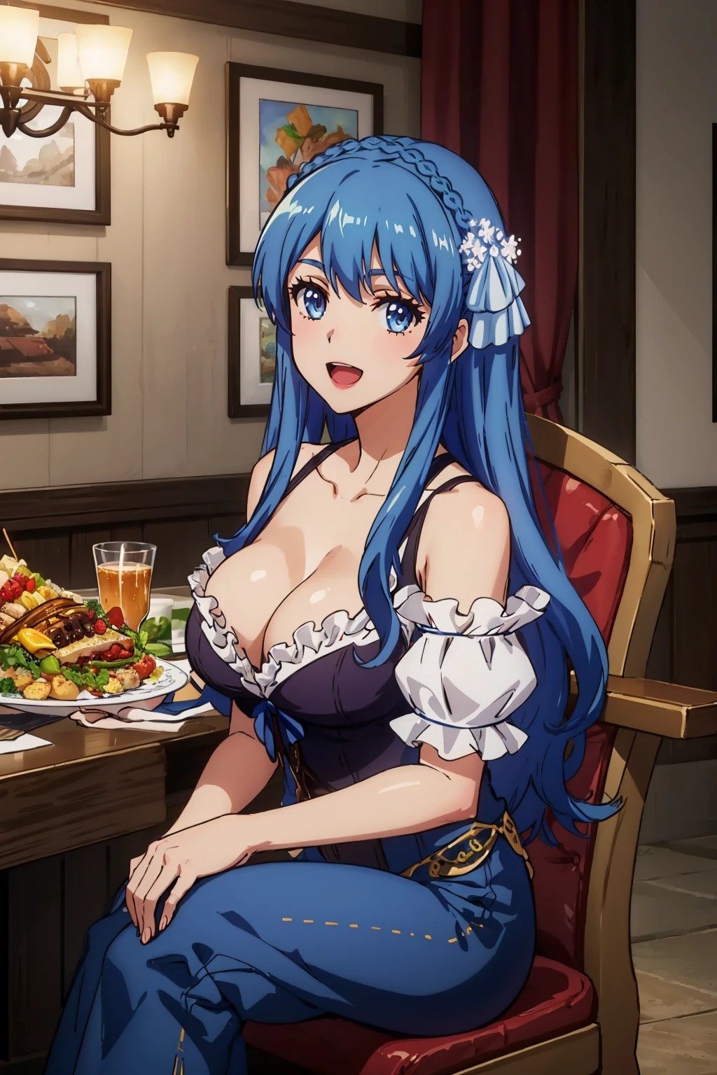 masterpiece, best quality,  <lora:junadoma-nvwls-v1-000009:0.8> juna doma, crown braid, hair ornament, hair ribbon, frilled dress, cleavage, bare shoulders, blue pants, sitting, tavern, food, looking at viewer, :D, chair