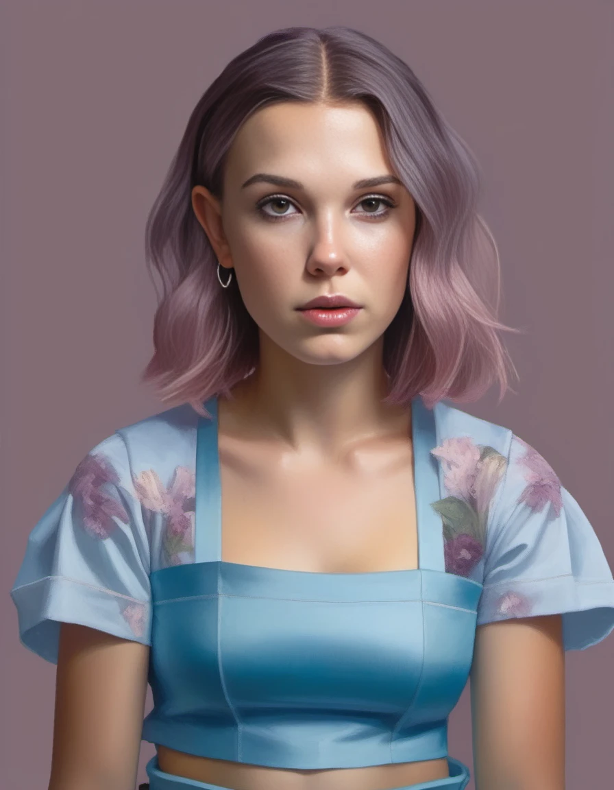 MillieBobbyBrown,<lora:MillieBobbyBrownSDXL:1>, portrait,close up of a (humanoid:1.2) , she is Playing, she is dressed in High-waisted pants and crop top, The High-waisted pants and crop top is Azure, It has zalij print on it, Burgundy, Platinum and Dusty Rose hair, Pastel Colors, highly detailed face, trending on artstation, stylized by Cecilia Beaux, Greg Olsen