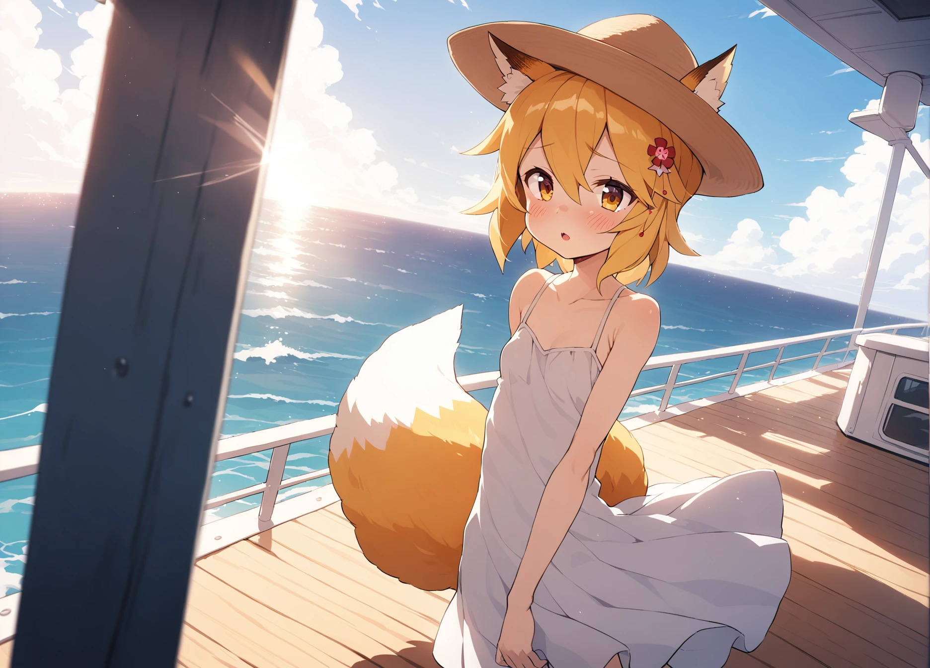 falling star, sexy panties, thin transparent swimsuit, ultra-detailed, (detailed light:1.05), detailed background, detailed face, detailed eyes, sen, animal ears, fox ears, fox girl, fox tail, hair flower, hair ornament, orange eyes, orange hair, short hair, tail, flat chest, 1 girl, solo, sun day, kneeling, sea far, summer, beach, stands on the sand, in a bathing suit, straw hat, sunset, sun over the sea, illustration, cinematic lighting, Futurism, backlighting, En plein air, anime style, Gothic art, Romanticism, Pixar, Futurism, backlighting, En plein air, anime style, Gothic art, Romanticism, Pixar, Futurism, backlighting, En plein air, anime style, Gothic art, Romanticism, Pixar, Futurism, backlighting, En plein air, anime style, Gothic art, Romanticism, Pixar, best quality, masterpiece, UHD, UHD