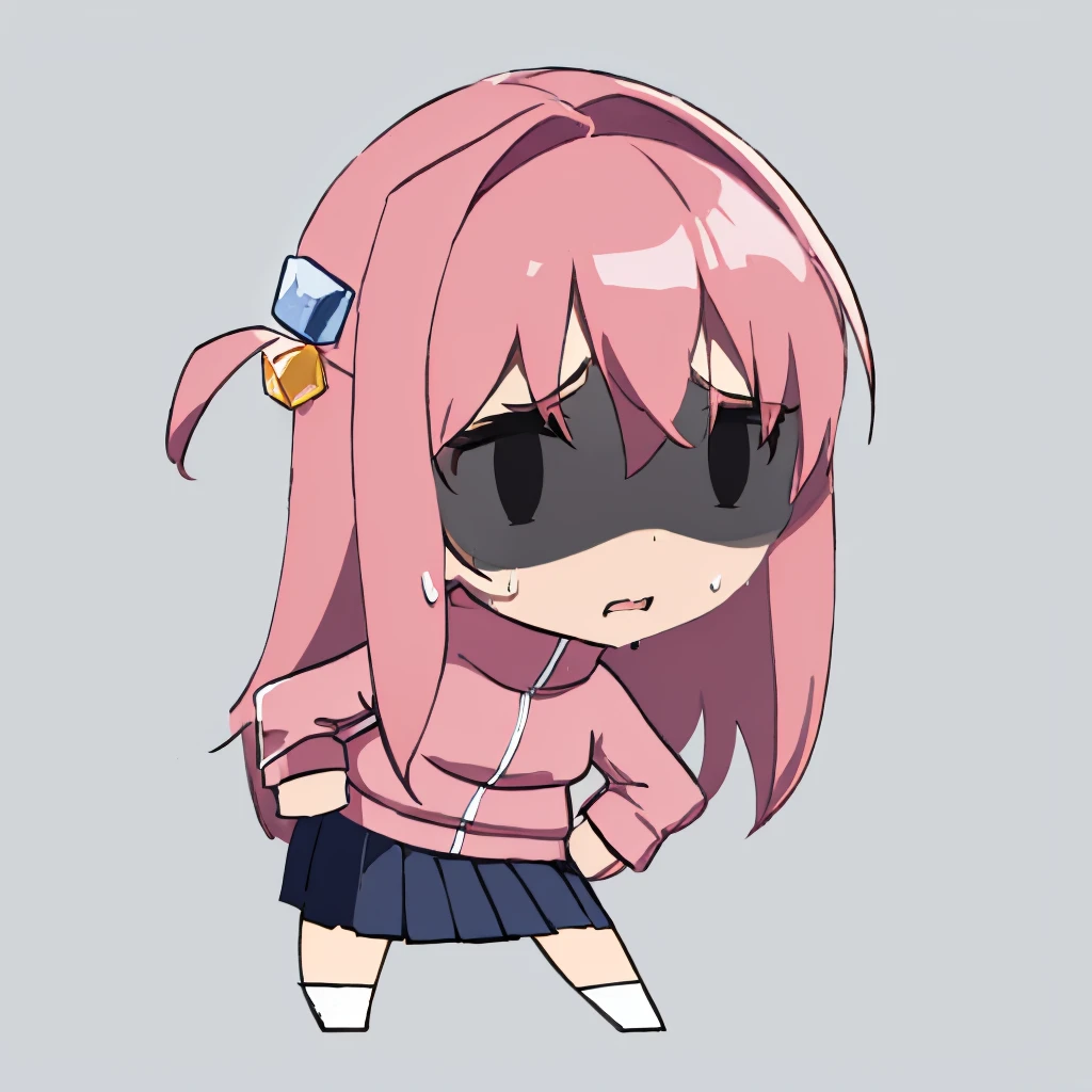 masterpiece, best quality, simple background, flat color, no lineart, chibi, solo, 1girl, gotohdef, sweat, (shaded face:1.1), nervous, one side up, cube hair ornament, pink jacket, track jacket, long sleeves, skirt, gotohstar, one side up, cube hair ornament, black shirt, short sleeves, skirt <lora:style_helltakerchibi-000010:1> <lora:bocchi_gotoh:1> <lora:concept_shadedface-10:1>