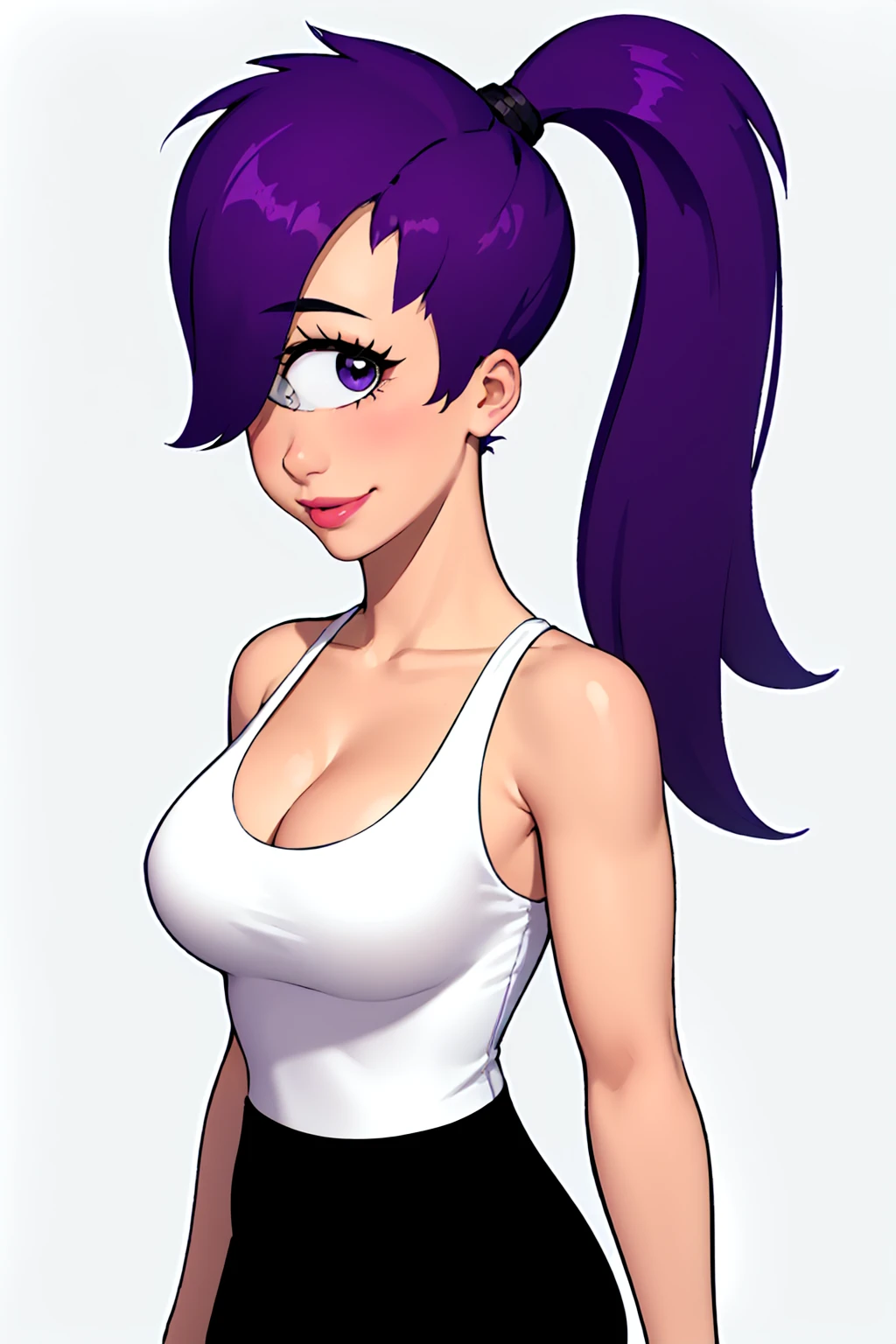 leela, 1girl, purple hair, one-eyed, cyclops, ponytail, long hair, solo, breasts, cleavage, lipstick, black pants,looking at viewer, white tank top,lipstick, upper body,smile, simple background, <lora:leela:0.5> best quality, high quality, absurdres, masterpiece, <lora:char cyclops:0.7>