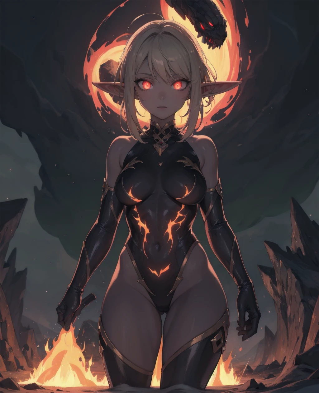 masterpiece,best quality,absurdres,night,elf + (lava),lava body,glowing eyes,