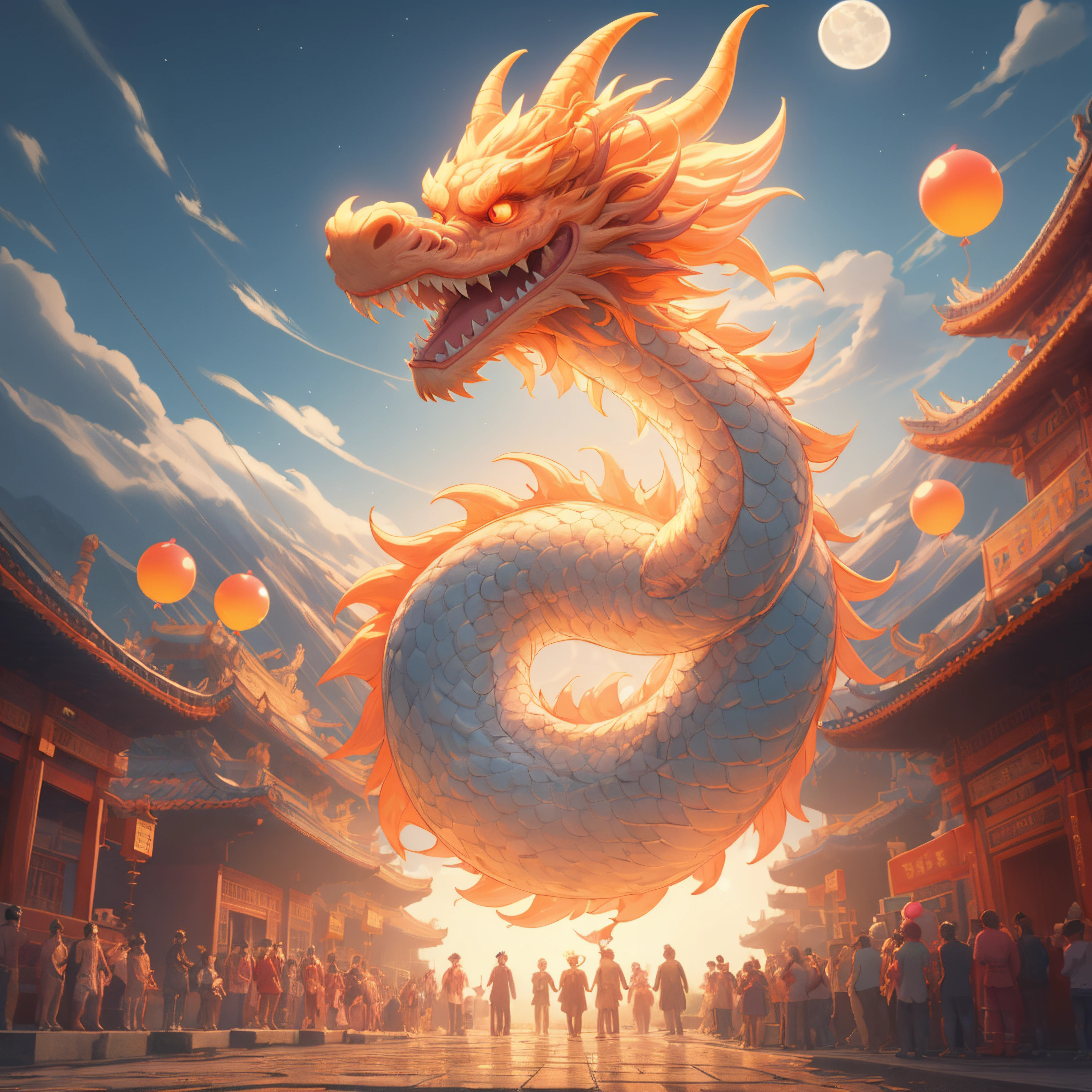 <lora:DragonsTemple:0.5>, a dragon, with paws, body dragon, (temple:1.2), bright, tail, moon festival, party balloons, night, moon glow
