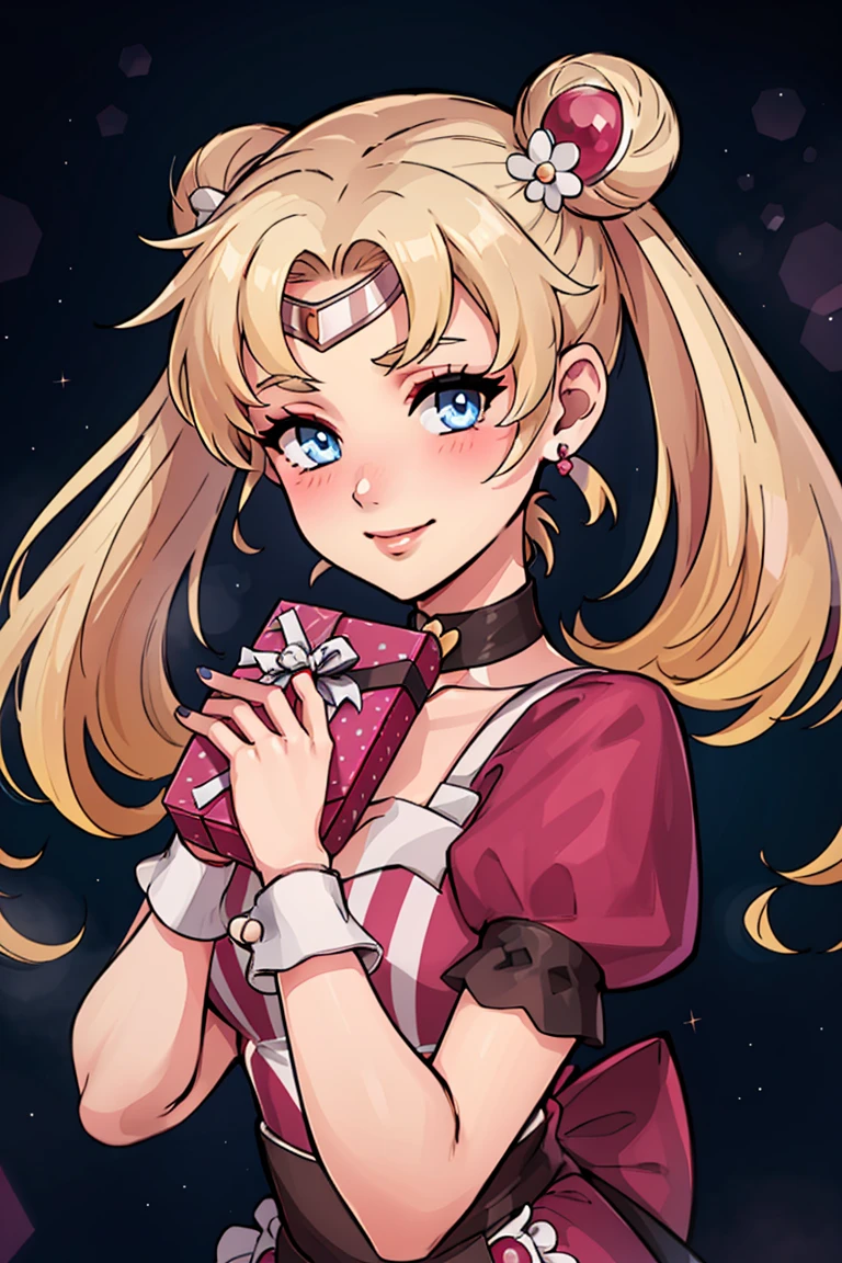 (masterpiece, best quality:1.2), solo, beautiful eyes, <lora:Palentines_2022:0.6>, smile, looking at viewer,
aausagi, double bun, twintails, parted bangs, circlet, jewelry, earrings, choker, <lora:sailor_moon_v1:0.7>,
blush, box, closed mouth, commentary request, creatures (company), dress, earrings, eyelashes, game freak, gift, gift box, holding, holding gift, jewelry, looking at viewer, nail polish, nintendo, pink dress, red shirt, shirt, short sleeves, waist apron, wrist cuffs
