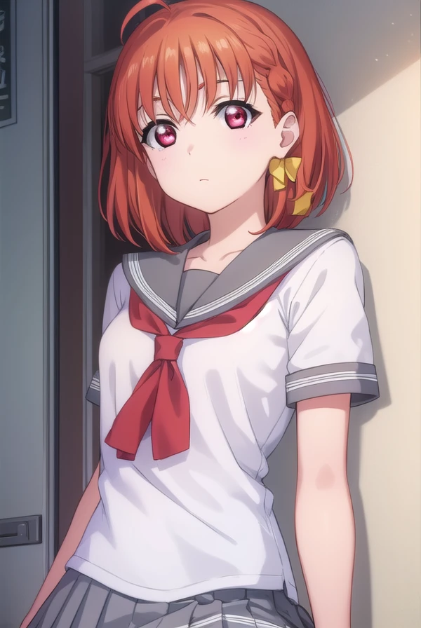 chikatakami, <lora:chika takami s2-lora-nochekaiser:1>,
chika takami, short hair, hair ornament, (red eyes:1.3), bow, braid, ahoge, hair bow, orange hair, side braid, yellow bow, clover hair ornament,
BREAK skirt, school uniform, short sleeves, pleated skirt, serafuku, socks, neckerchief, kneehighs, black socks, red neckerchief, grey skirt, uranohoshi school uniform,
BREAK indoors, classroom,
BREAK looking at viewer, (cowboy shot:1.5),
BREAK <lyco:GoodHands-beta2:1>, (masterpiece:1.2), best quality, high resolution, unity 8k wallpaper, (illustration:0.8), (beautiful detailed eyes:1.6), extremely detailed face, perfect lighting, extremely detailed CG, (perfect hands, perfect anatomy),