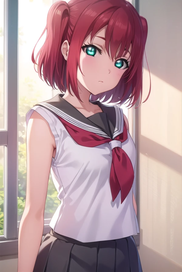 rubykurosawa, <lora:ruby kurosawa s2-lora-nochekaiser:1>,
ruby kurosawa, short hair, bangs, (green eyes:1.3), red hair, aqua eyes, (two side up:1.2),
BREAK shirt, school uniform, white shirt, serafuku, neckerchief, uranohoshi school uniform, orange neckerchief, sleeveless, skirt, pleated skirt, grey skirt,
BREAK indoors, classroom,
BREAK looking at viewer, (cowboy shot:1.5),
BREAK <lyco:GoodHands-beta2:1>, (masterpiece:1.2), best quality, high resolution, unity 8k wallpaper, (illustration:0.8), (beautiful detailed eyes:1.6), extremely detailed face, perfect lighting, extremely detailed CG, (perfect hands, perfect anatomy),