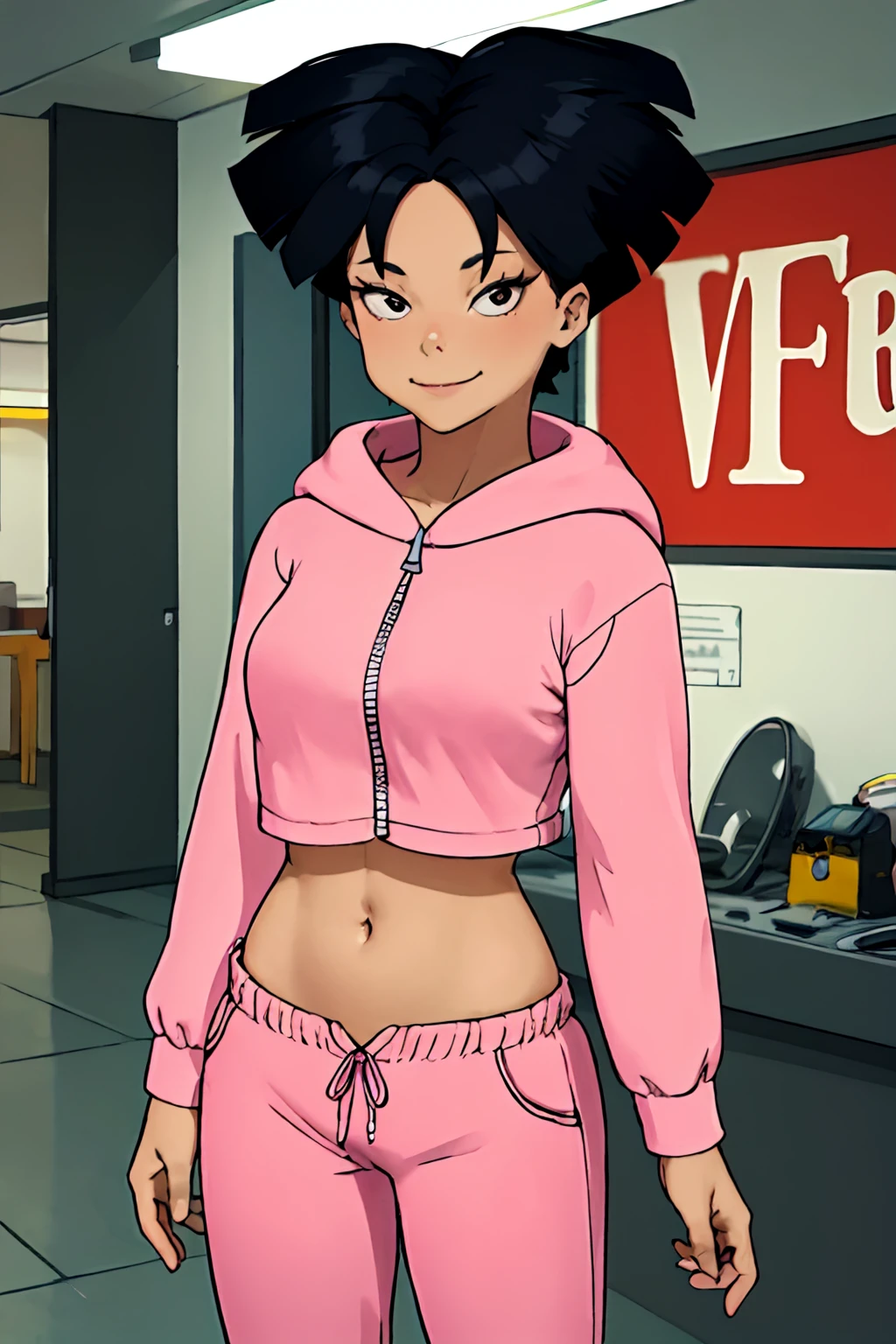 amywong, black hair, 1girl, solo, black eyes, pink hoodie, short hair, navel, pink pants, long sleeves,looking at viewer, smile, standing, best quality, high quality, masterpiece, absurdres, <lora:AmyWong:0.65>