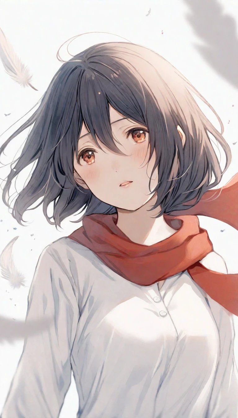 <lora:mikasa ackerman:0.75>,<lora:orie:0.45>,mikasa ackerman,illustration,watercolor style,dreamy atmosphere,The image showcases an animated female character with dark hair,wearing a red scarf and a white shirt underneath. She appears to be in a state of surprise or contemplation. In the background,there are white feathers floating in the air,and a small,white bird seems to be perched on her shoulder. The overall mood of the image is serene with a touch of melancholy.,, masterpiece, best quality,