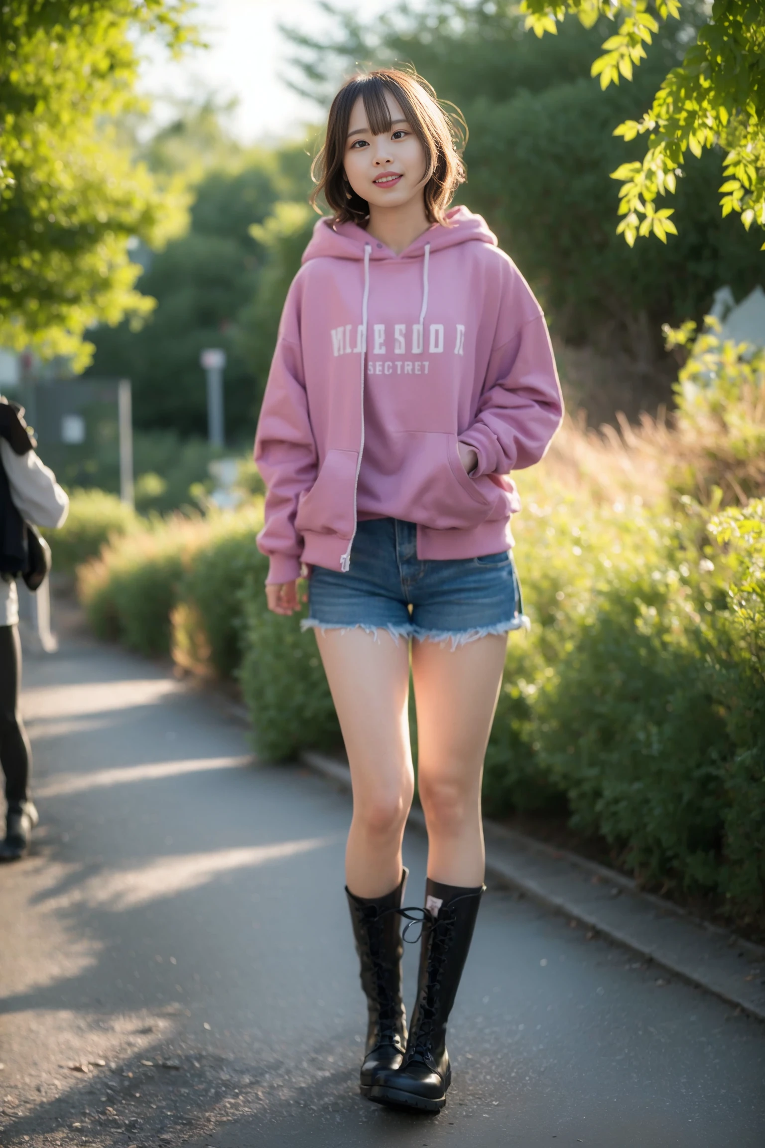 <lora:nana_kic_v01:0.9>,
(8k, RAW photo, best quality, masterpiece:1.2), (realistic, photo-realistic:1.37), omertosa,1girl, blurry background,city, sunlight,professional lighting, photon mapping, radiosity, physically-based rendering, backlight bokeh, blurry background, ((black choker)), red lips, student ,((lights shinning on the face))
((full body,full_body,full-body)),
((thin leg, thin thigh, slim leg, slim thigh, long leg, light shinning on the leg, glowing leg, light shinning on the feet, glowing feet)),
jean shorts,
((black knee high socks))
,dress
,
((combat boots:1.2))
,
sunlight, ((outdoors)) ,((light shinning on the hair))
((short jacket,hoodie)),
((short hair)), ((floating hair)), blonde,wavy hair, glowing hair,
135mm lens,,big breast,red lips,smile,