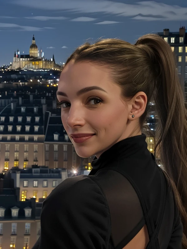 gquality, <lora:thelma-10:1> thelma, 1girl, solo, looking at viewer, smile, ponytail, earrings, sky, realistic, building, night, looking back, from behind, turtleneck