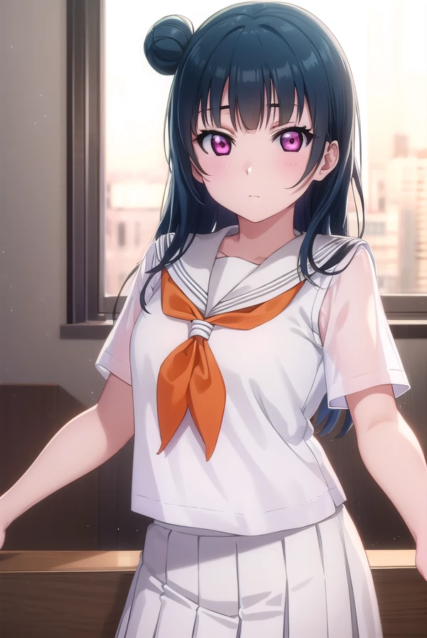 yoshikotsushima, <lora:yoshiko tsushima s2-lora-nochekaiser:1>,
yoshiko tsushima, long hair, bangs, blue hair, (pink eyes:1.3), hair bun, single hair bun, single side bun,
BREAK shirt, school uniform, white shirt, serafuku, neckerchief, uranohoshi school uniform, (orange neckerchief:1.3), sleeveless, skirt, pleated skirt, grey skirt,
BREAK indoors, classroom,
BREAK looking at viewer, (cowboy shot:1.5),
BREAK <lyco:GoodHands-beta2:1>, (masterpiece:1.2), best quality, high resolution, unity 8k wallpaper, (illustration:0.8), (beautiful detailed eyes:1.6), extremely detailed face, perfect lighting, extremely detailed CG, (perfect hands, perfect anatomy),