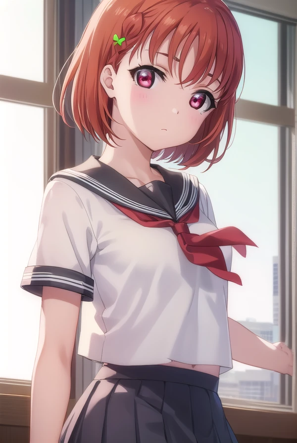 chikatakami, <lora:chika takami s2-lora-nochekaiser:1>,
chika takami, short hair, hair ornament, (red eyes:1.3), bow, braid, ahoge, hair bow, orange hair, side braid, yellow bow, clover hair ornament,
BREAK skirt, school uniform, short sleeves, pleated skirt, serafuku, socks, neckerchief, kneehighs, black socks, red neckerchief, grey skirt, uranohoshi school uniform,
BREAK indoors, classroom,
BREAK looking at viewer, (cowboy shot:1.5),
BREAK <lyco:GoodHands-beta2:1>, (masterpiece:1.2), best quality, high resolution, unity 8k wallpaper, (illustration:0.8), (beautiful detailed eyes:1.6), extremely detailed face, perfect lighting, extremely detailed CG, (perfect hands, perfect anatomy),