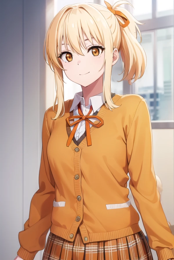 aimiyashita, <lora:ai miyashita s2-lora-nochekaiser:1>,
ai miyashita, blonde hair, ponytail, sidelocks, medium hair, (orange eyes:1.4), smile,
BREAK skirt, long sleeves, ribbon, school uniform, plaid, plaid skirt, cardigan, brown cardigan, nijigasaki academy school uniform, white skirt,
BREAK indoors, classroom,
BREAK looking at viewer, (cowboy shot:1.5),
BREAK <lyco:GoodHands-beta2:1>, (masterpiece:1.2), best quality, high resolution, unity 8k wallpaper, (illustration:0.8), (beautiful detailed eyes:1.6), extremely detailed face, perfect lighting, extremely detailed CG, (perfect hands, perfect anatomy),