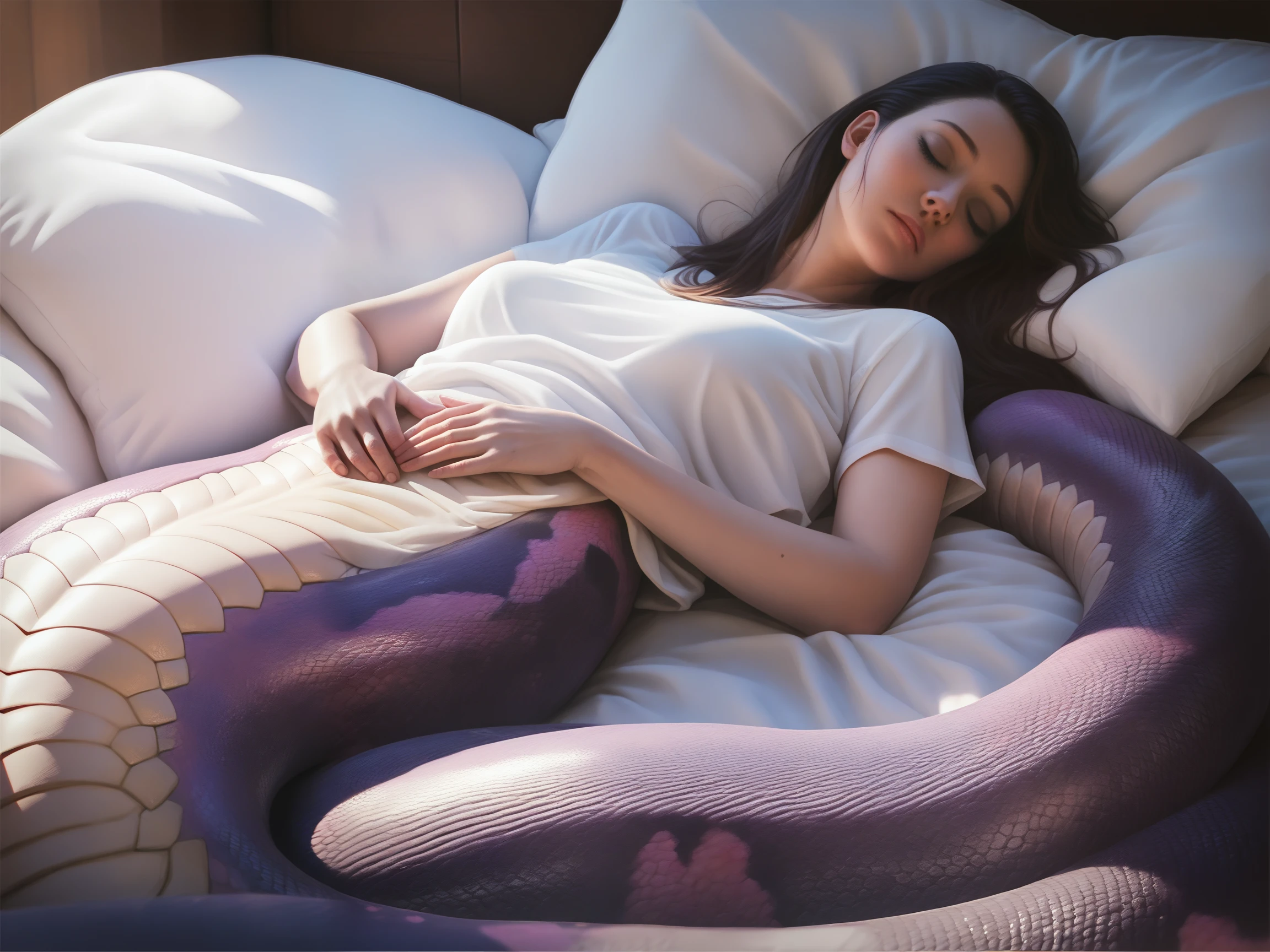 score_9, score_8_up, score_7_up, score_6_up, score_5_up, score_4_up,
<lora:lamia-ponyxl-v1:1>,
a beautiful lamia girl laying in bed, striped purple tail, white shirt, sleeping, lamia, ultra realistic, (high quality, detailed, beautiful), detailed beautiful eyes, realistic, outstanding,
<lora:add-detail-xl:0.7> <lora:xl_more_art-full_v1:0.1>