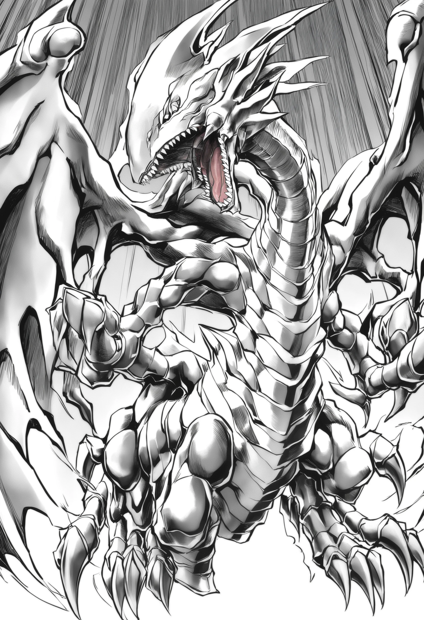 no humans, <lora:blueeyeswhitedragonXLv1:0.8>,bewd,pokemon (creature), teeth, open mouth, dragon, solo, claws, sharp teeth, tongue, horns, fangs, duel monster, wings, monster, spikes,
masterpiece, best quality,