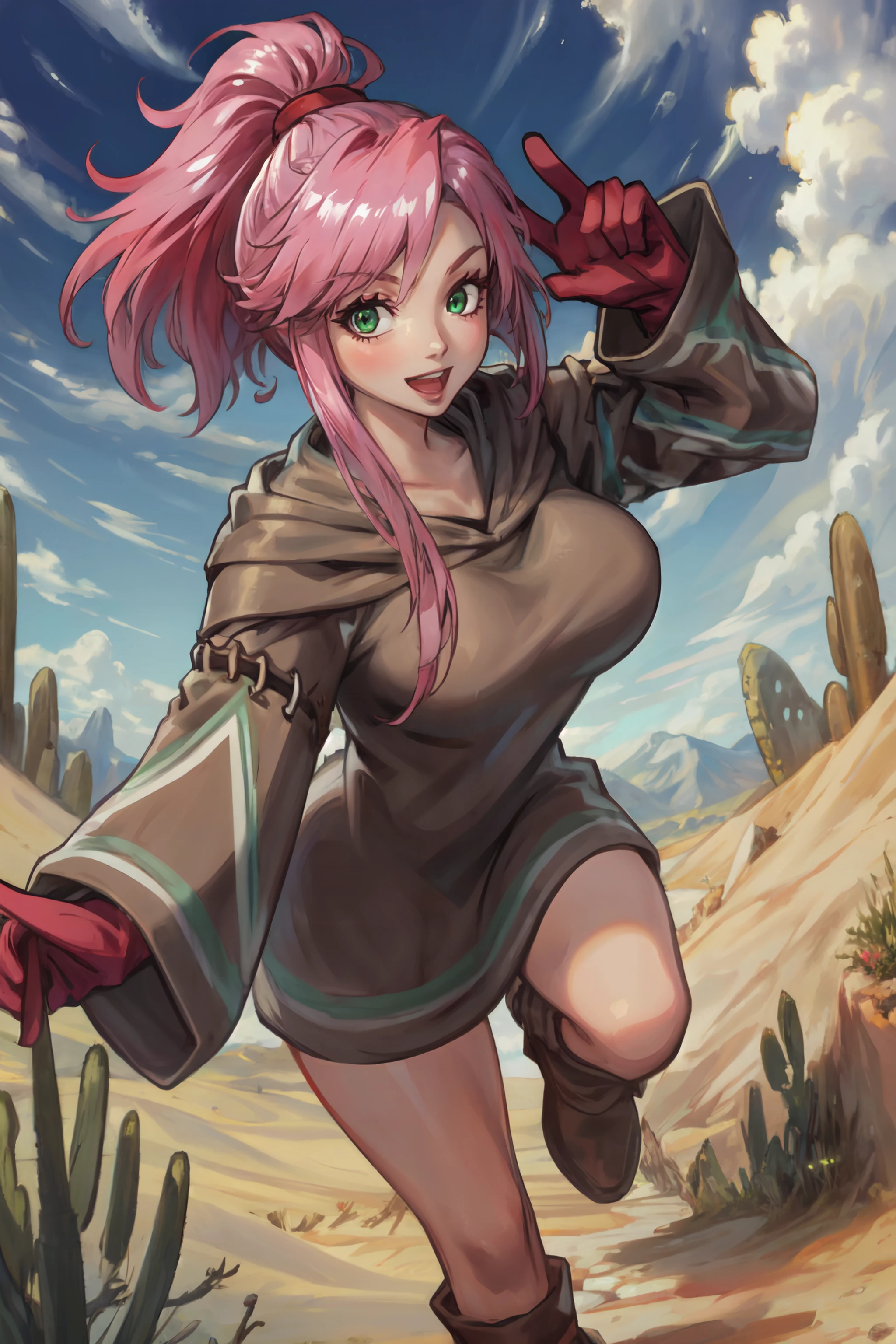 (masterpiece, best quality, ultra detailed, beautiful illustration), atmospheric perspective, depth of field, beautiful detailed eyes, anime eyes:1.4, looking at the viewer, (portrait), sexy pose, dynamic angle, (outdoors, desert), 1girl, :d, (huge breasts), <lora:FinalFantasy_FemaleGeomancer:1>, GeomancerFFT, high ponytail, pink hair, green eyes, dress, hood, gloves, boots,