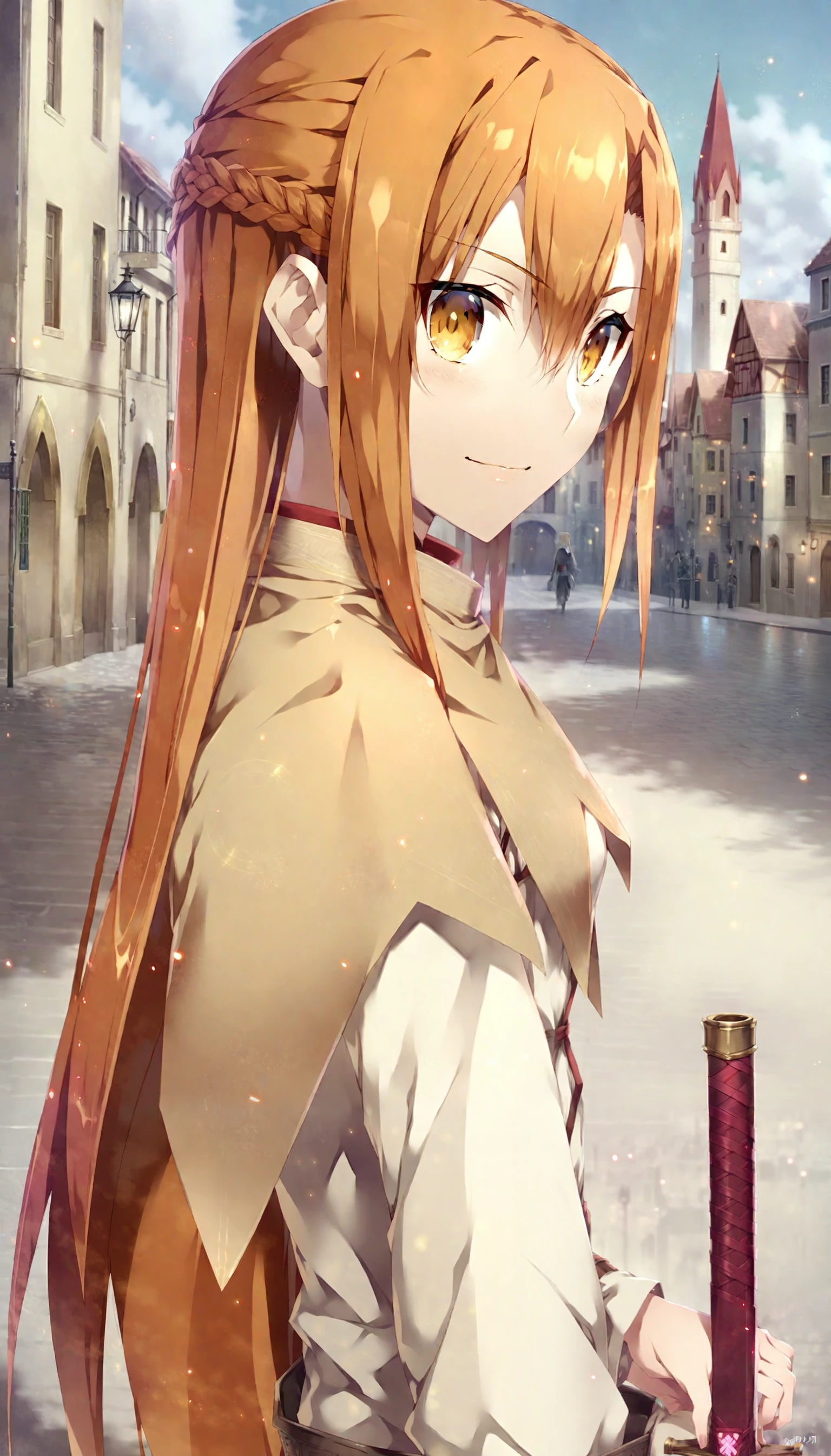 1girl, asuna \(sao\), sword art online, looking at viewer, medieval city, casual, light particles, 
best quality, masterpiece, (by gabiran:0.8)