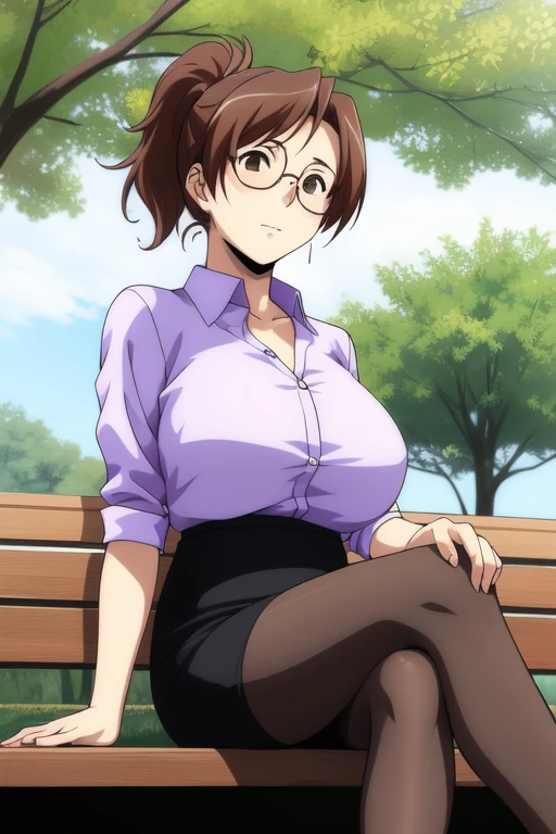 <lora:Marufuji_Izumi:0.8>, MarufujiIzumi, 1girl, pantyhose, solo, glasses, brown hair, crossed legs, ponytail, skirt, sitting, pencil skirt, food, burger, tree, brown eyes, bench, day, breasts, sandwich, large breasts,
masterpiece, high quality, very_high_resolution, large_filesize, full color,