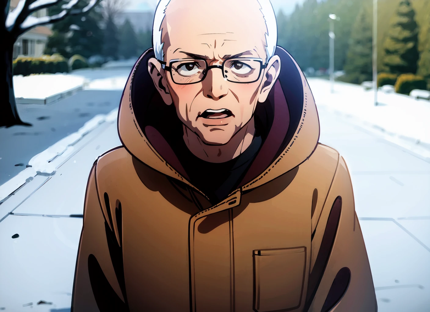 bernie sanders, 1boy, glasses, male focus, solo, (old man), realistic, outdoors, looking at viewer, tree, coat,(grass patches),street, upper body,straight-on, winter, blurry background, (white hair,short hair), hood, teeth, (wrinkled skin), parted lips, jacket,talking, hood down, day, breast pocket, bare tree,open mouth, bald,snow,fat,serious,dark brown eyes, (best quality, masterpiece,anime screencap) <lora:bernie_v1:1>