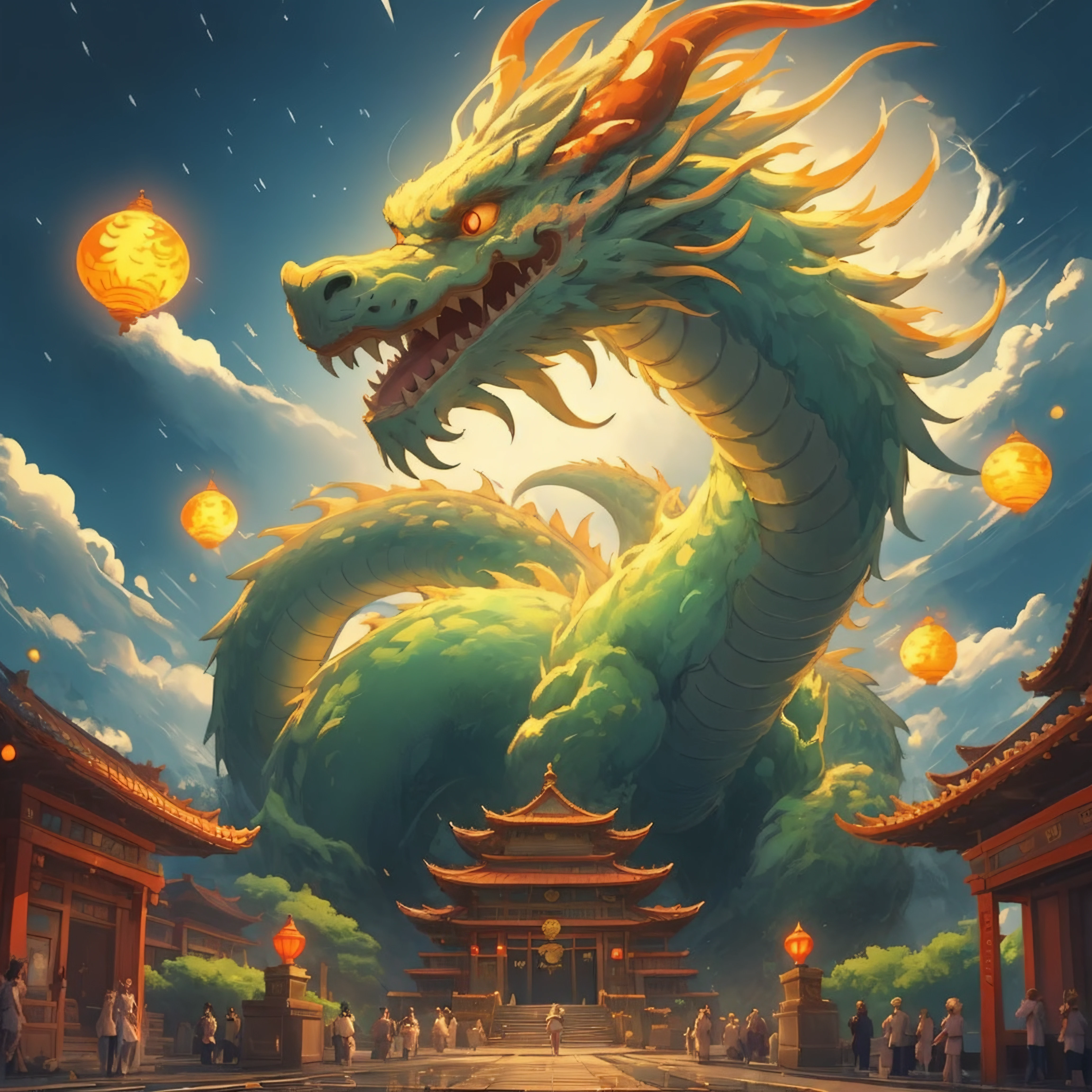 <lora:DragonsTemple:0.55>, a dragon, (front:1.3) (face:1.5), (temple:1.3), bright, tail, (glow:1.2), anime, design, studio ghibli, (festival:1.2), lunar celebration, better image, better pose, ultra quality