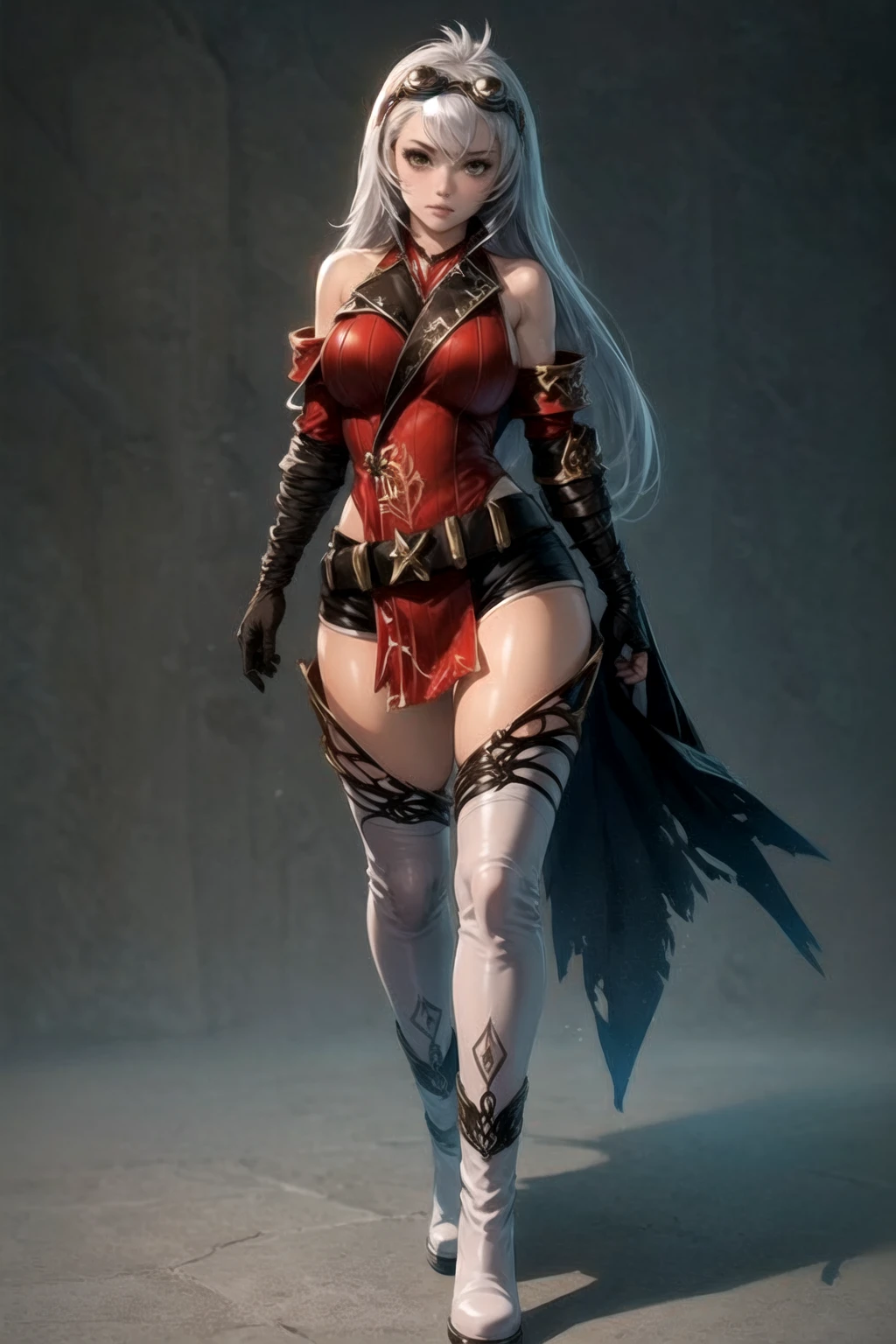 <lora:ArniceNoAV1-000006:0.99> arnice, 1girl, bare_shoulders, belt, boots, breasts, gauntlets, goggles_on_head, long_hair, looking_at_viewer, simple_background, solo, thighhighs, white_legwear, std, beautiful, (masterpiece:1.2), (best quality:1.2)