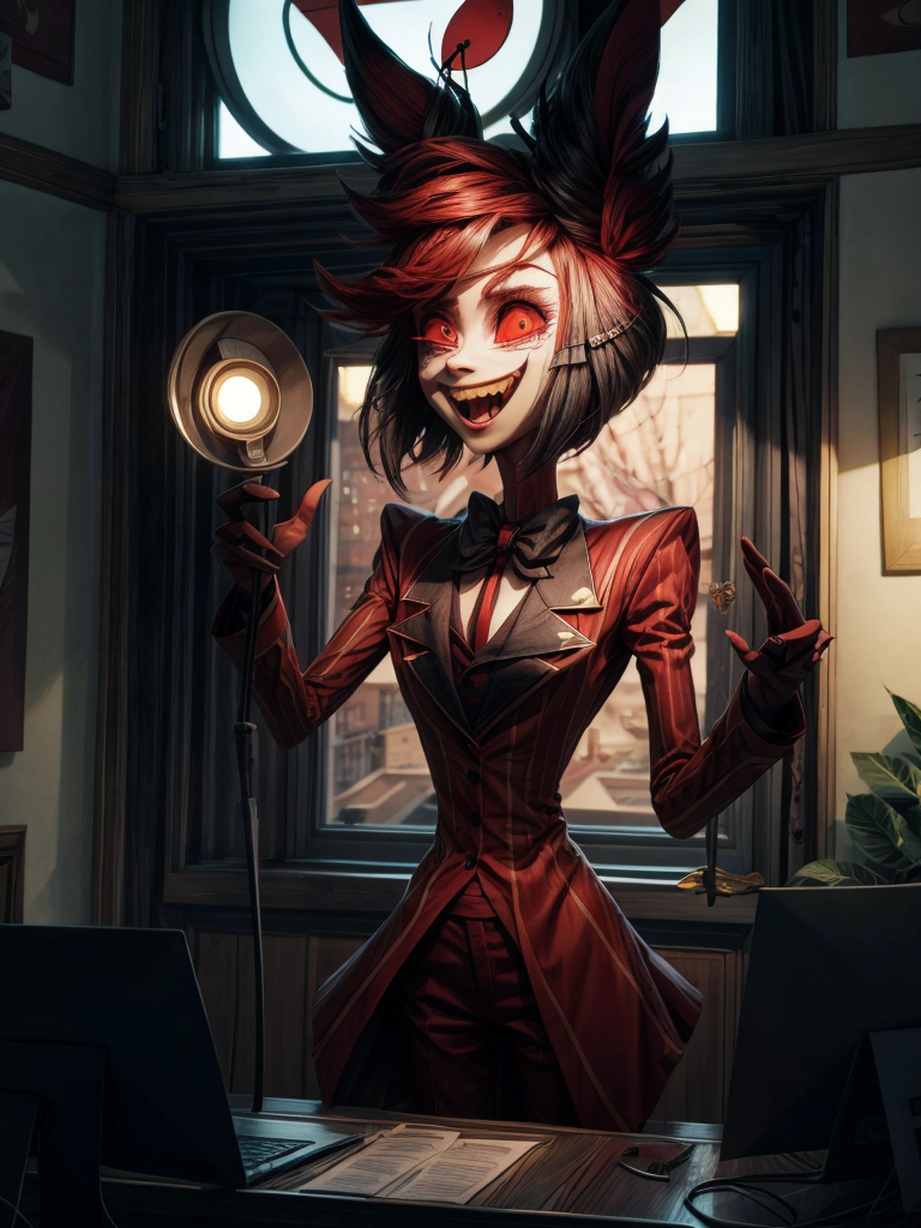 <lora:more_details:0.8> <lora:improve_backgrounds:0.85> <lora:Alastor_sd15-000005:1> Alastor talking a the radio, holding a microphone, in a radio station