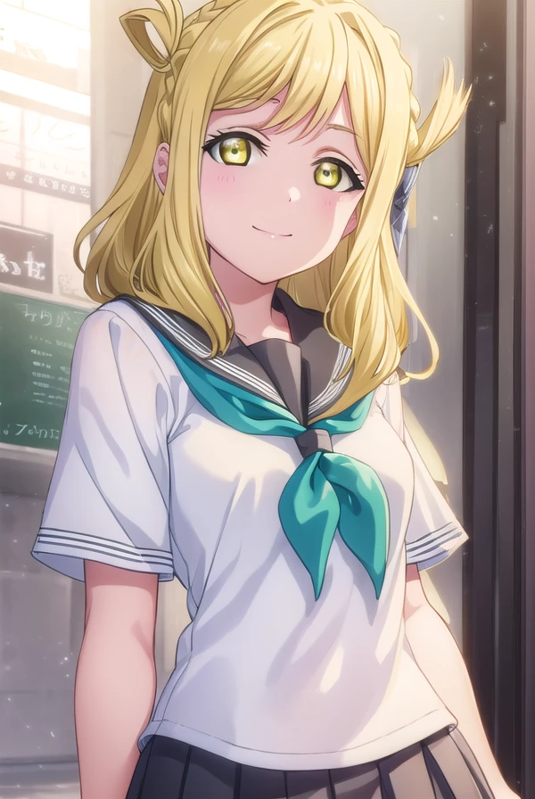 mariohara, <lora:mari ohara s2-lora-nochekaiser:1>,
mari ohara, long hair, bangs, blonde hair, hair ornament, (yellow eyes:1.3), braid, medium hair, hair rings, crown braid, smile,
BREAK skirt, school uniform, short sleeves, pleated skirt, serafuku, socks, neckerchief, kneehighs, black socks, green neckerchief, grey skirt, uranohoshi school uniform,
BREAK indoors, classroom,
BREAK looking at viewer, (cowboy shot:1.5),
BREAK <lyco:GoodHands-beta2:1>, (masterpiece:1.2), best quality, high resolution, unity 8k wallpaper, (illustration:0.8), (beautiful detailed eyes:1.6), extremely detailed face, perfect lighting, extremely detailed CG, (perfect hands, perfect anatomy),