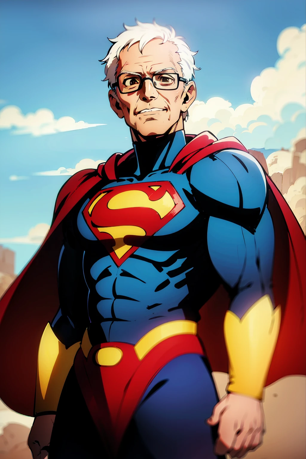 bernie sanders,old man,(superman \(cosplay\):1.2),superhero, white hair, short hair,dark brown eyes,glasses,forehead, (best quality, masterpiece,anime screencap) <lora:bernie_v1:1>