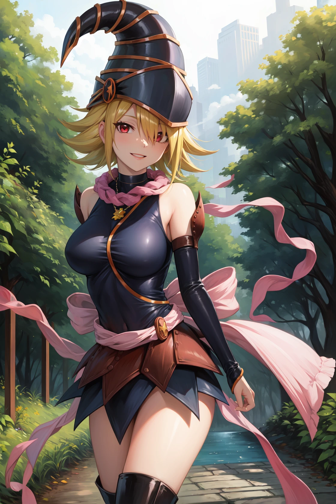 masterpiece, best quality, highres,
GagaDef, 1girl, solo, short hair, blonde hair, red eyes, hair over one eye,
breasts, large breasts, hat, bare shoulders, medium breasts, boots, detached sleeves, choker, blue footwear, duel monster, charm (object), wizard hat, skirt, gagaga girl,
cowboy shot, arms behind back, looking at viewer, forest, sunlight, cloudy, laughing, <lora:Gagaga:1>