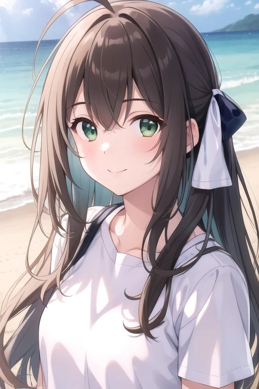 ((masterpiece)),(best quality),official art,extremely detailed CG,unity 8k wallpaper,ultra detailed,beautiful detailed eyes,extremely detailed face,on the beach,1girl,solo,upper body,(portrait:1.5),looking at viewer,facing viewer,smile,miyazawa fuuka,ahoge,long hair,brown hair,hair ribbon,sidelocks,bangs,green eyes,white shirt,short sleeves,medium breasts,capri pants,purple pants,sandals,<lora:Miyazawa Fuuka(taws)>,