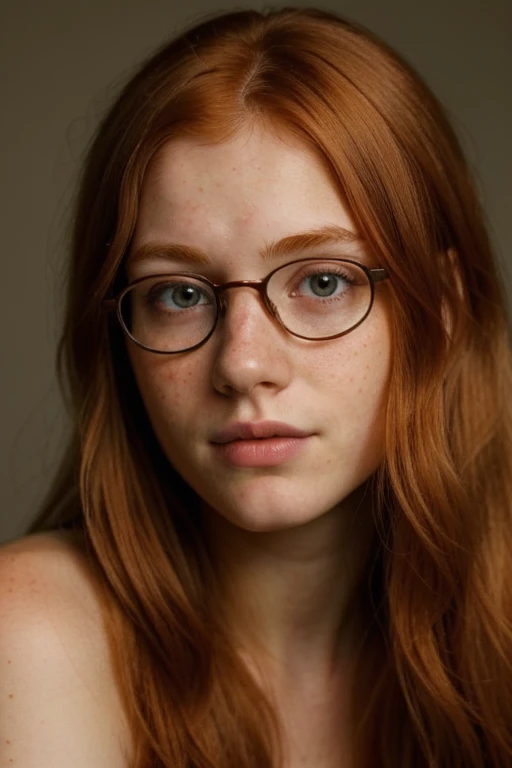 professional, masterpiece, 8k, hyperrealistic portrait of a 20yo cute ginger girl, long hair, redhead, glasses, (looking shy:1.3), freckles, detailed face, detailed skin, photography, hq, photorealistic,