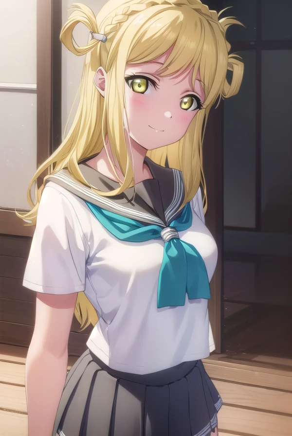 mariohara, <lora:mari ohara s2-lora-nochekaiser:1>,
mari ohara, long hair, bangs, blonde hair, hair ornament, (yellow eyes:1.3), braid, medium hair, hair rings, crown braid, smile,
BREAK skirt, school uniform, short sleeves, pleated skirt, serafuku, socks, neckerchief, kneehighs, black socks, green neckerchief, grey skirt, uranohoshi school uniform,
BREAK indoors, classroom,
BREAK looking at viewer, (cowboy shot:1.5),
BREAK <lyco:GoodHands-beta2:1>, (masterpiece:1.2), best quality, high resolution, unity 8k wallpaper, (illustration:0.8), (beautiful detailed eyes:1.6), extremely detailed face, perfect lighting, extremely detailed CG, (perfect hands, perfect anatomy),