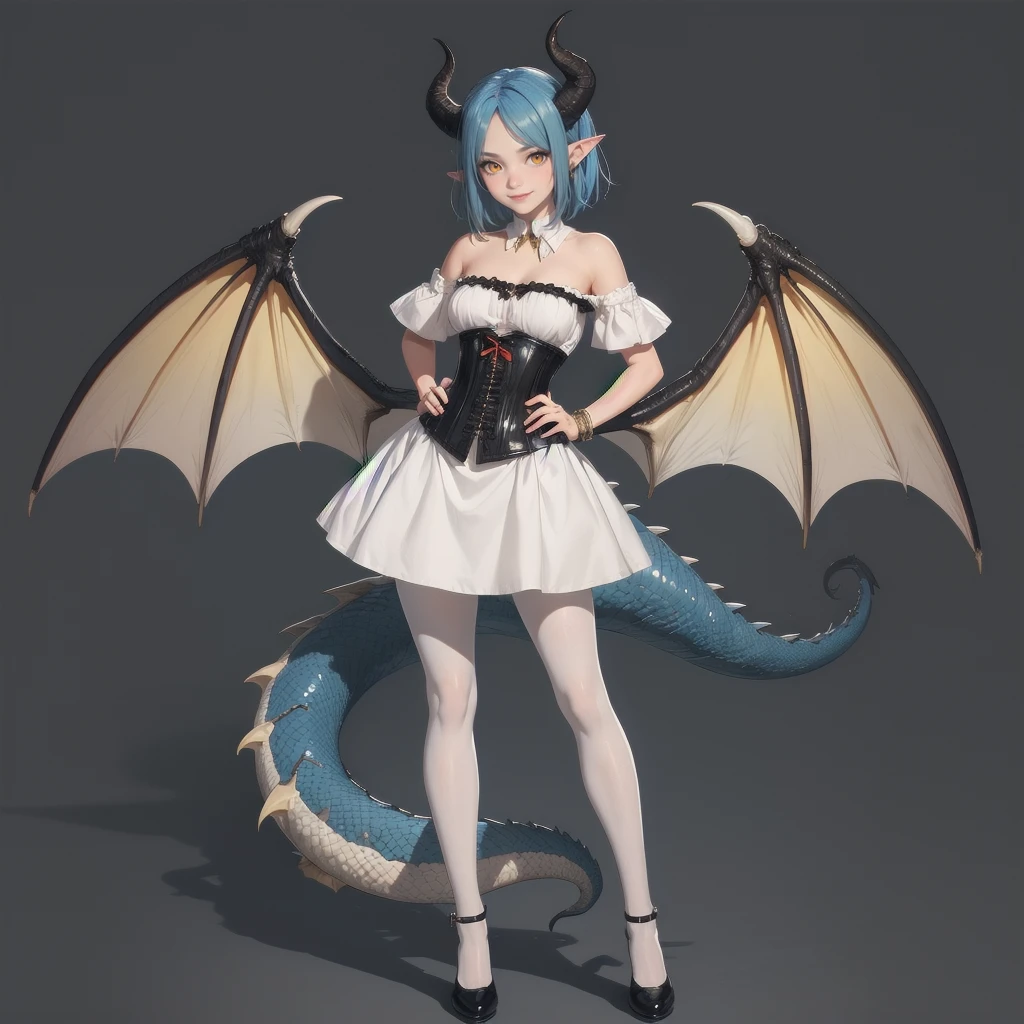 1girl,solo,horns,wings,blue hair,tail,pointy ears,dress,white pantyhose,pantyhose,dragon girl,simple background,orange eyes,hand on hip,demon girl,looking at viewer,short hair,dragon horns,full body,corset,jewelry,standing,dragon wings,yellow eyes,bare shoulders,dragon tail,bracelet,white dress,demon wings,shoes,smile,grey background,brown eyes,demon tail,demon horns,