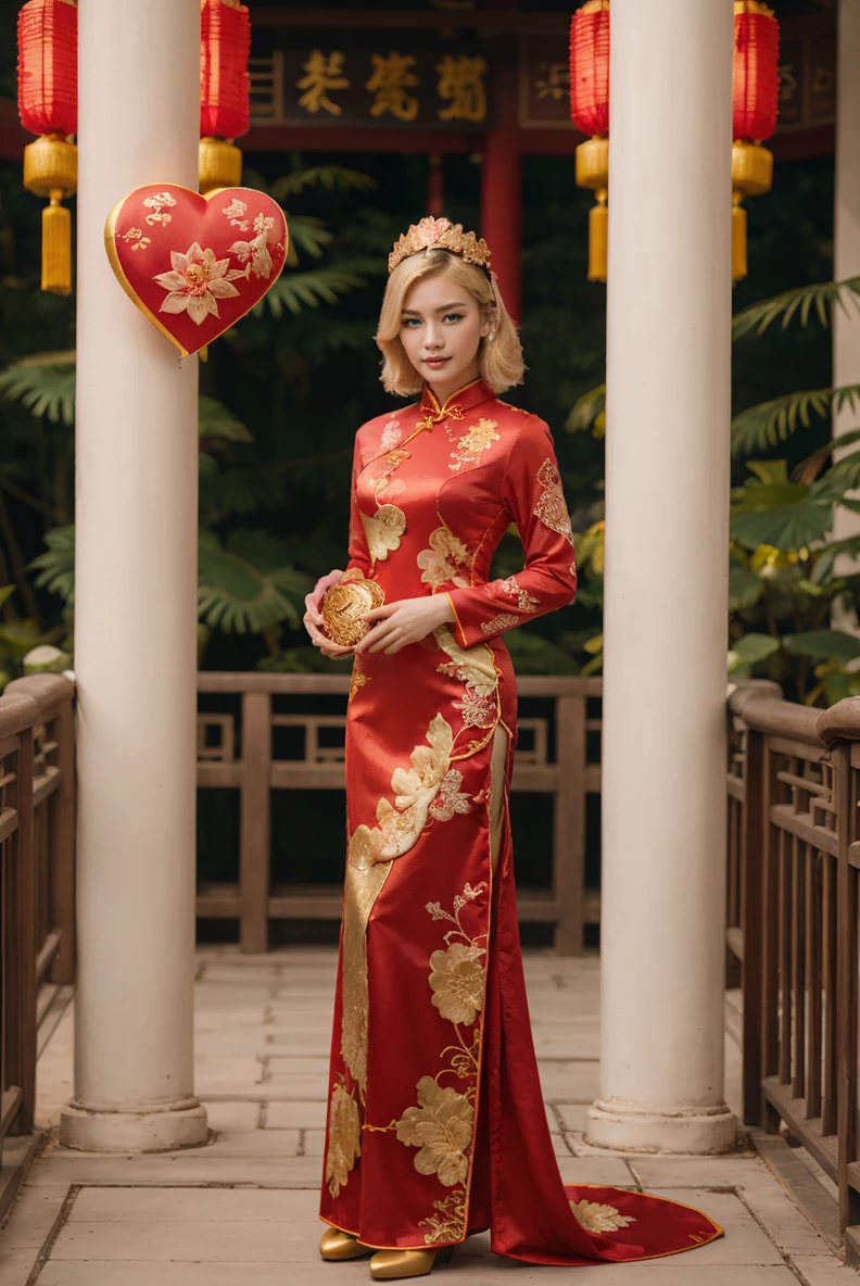 full body, (blonde hair:1.3), woman, lun4r_dr3ss,sexy, red cheongsam, gold embroidery, long sleeves, large ornate headdress, <lora:lun4r_dr3ss-06:0.6>, standing, lotus garden, (holding a heart made of ruby:1.3)
