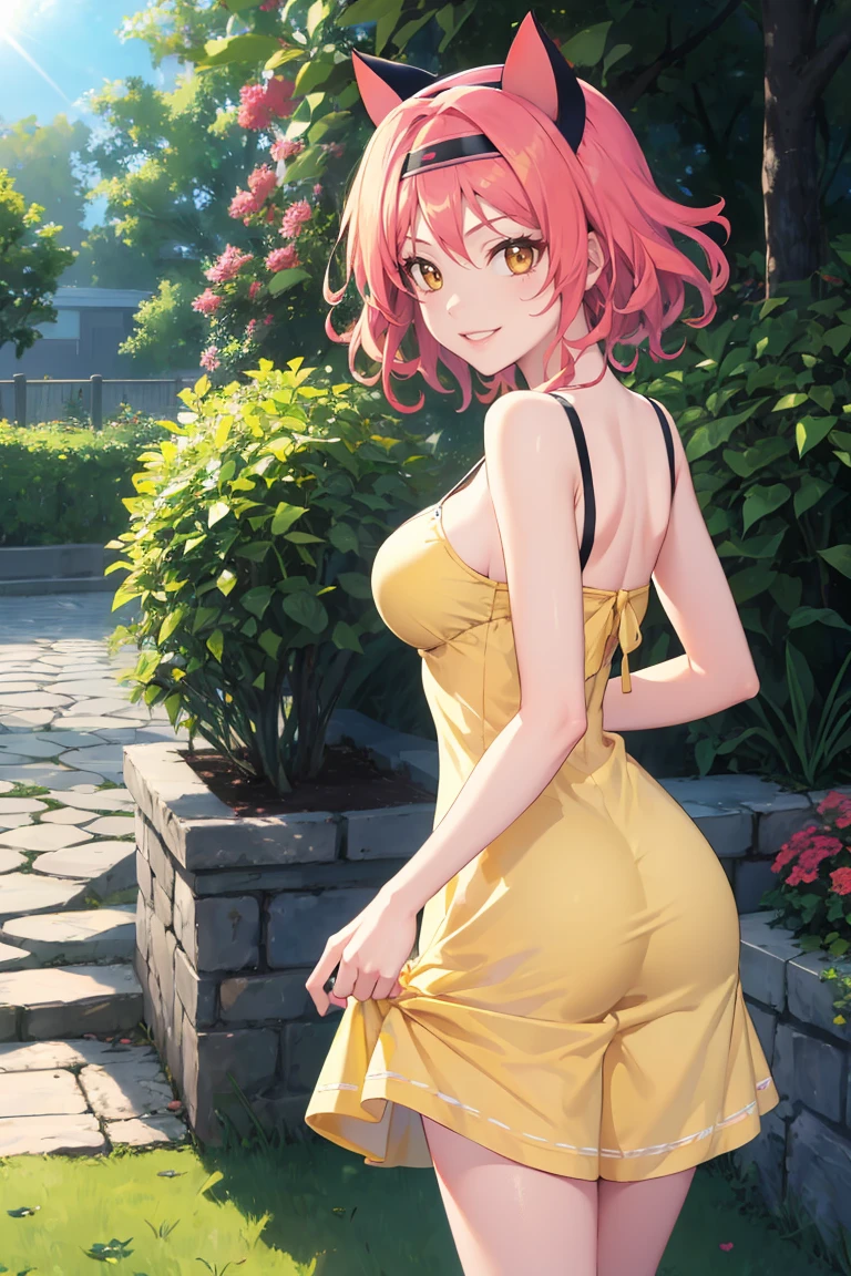 masterpiece, best quality, absurdres, YuukiNinjaWars, cat ears, short hair hairband, from behind, (yellow sundress), garden, day, sunshine, smile, looking back, <lora:CHAR-YuukiNinjaWars:1>