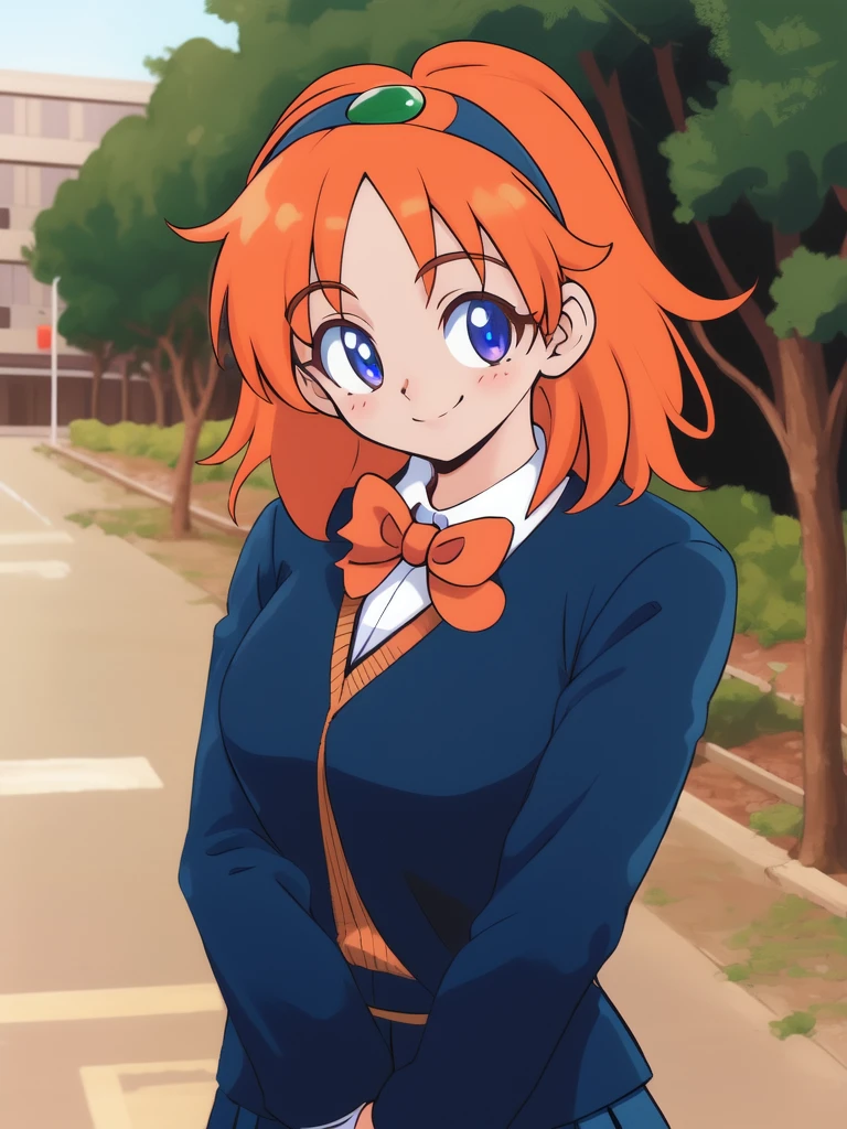 <lora:Tsurugino_Mai_SFCver:0.9>TsuruginoMaiSFCVer, 1girl, solo, orange hair, bow, tree, blue eyes, school uniform, bowtie, smile, long sleeves,
masterpiece, high quality, very_high_resolution, large_filesize, full color,